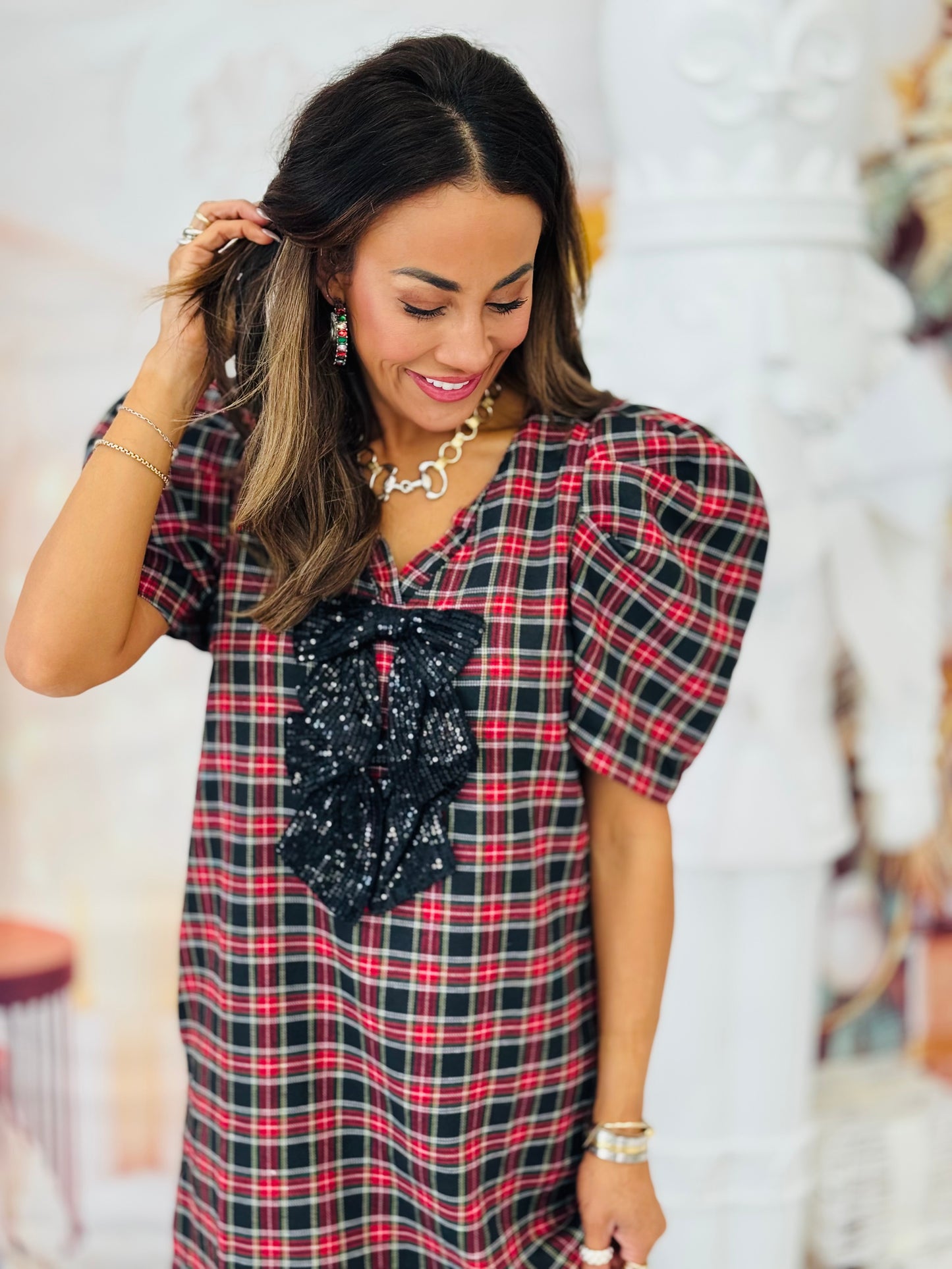 Black Plaid Sequin Bows Mini Dress (Reg & Plus)