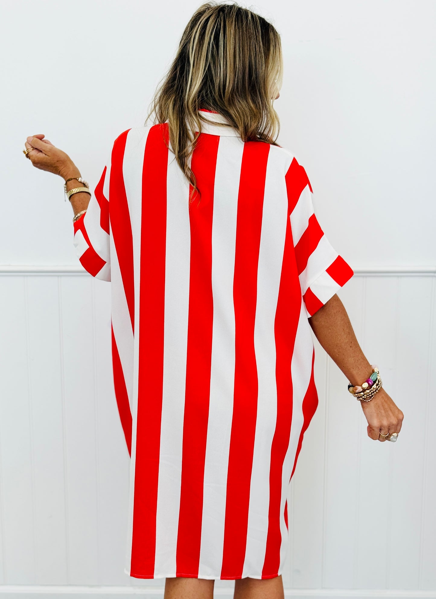 Tomato & White Vertical Stripe Shirt Dress (Reg. & Plus)
