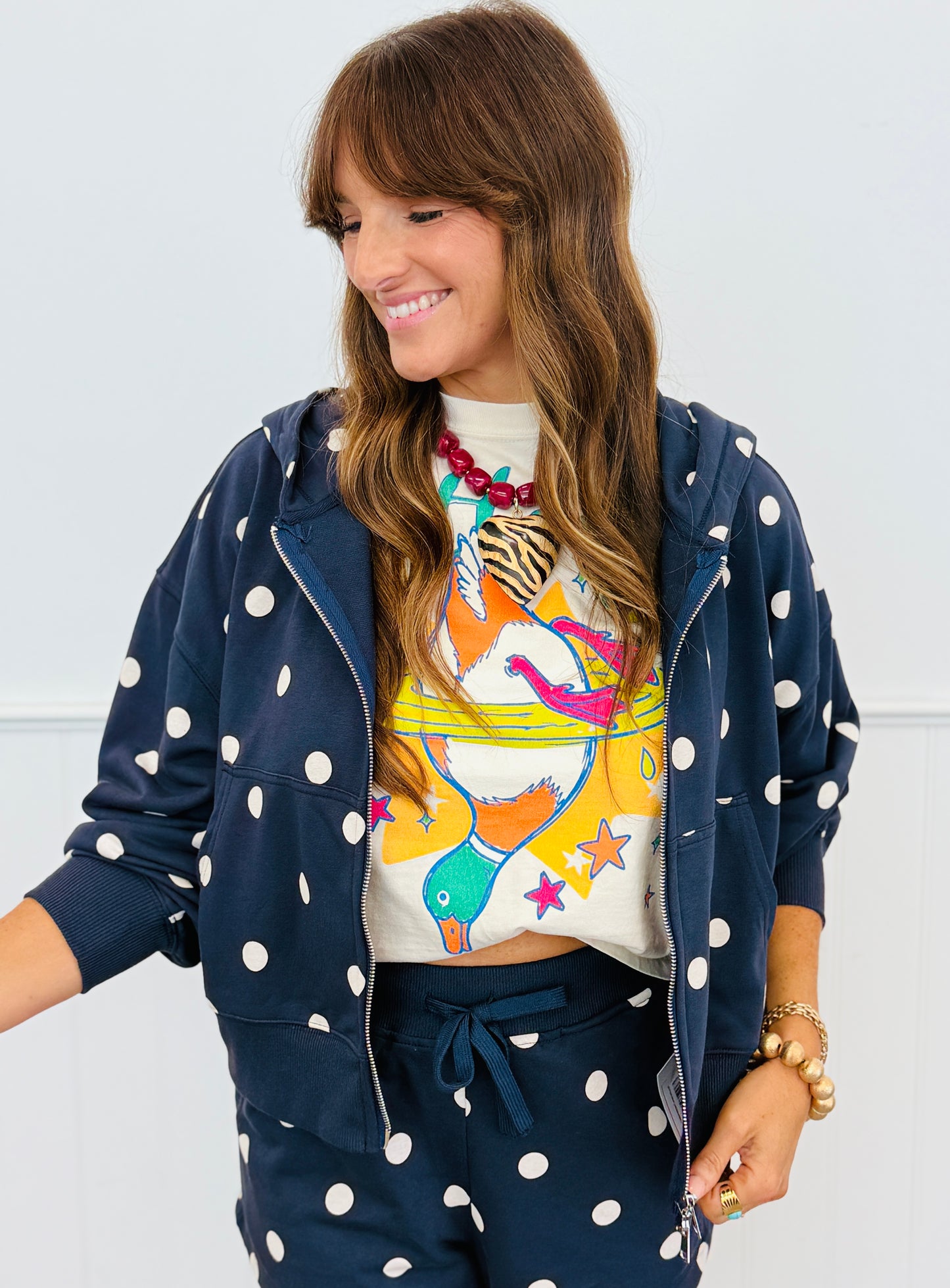 Polka Dot Zip Up Sweater Hoodie (Reg & Plus) - 2 Colors