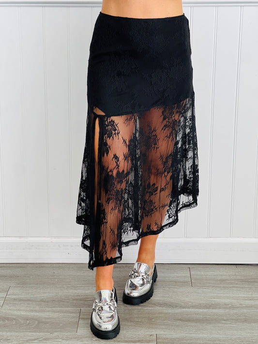 Black Floral Lace Overlay Midi Skirt (Reg.)