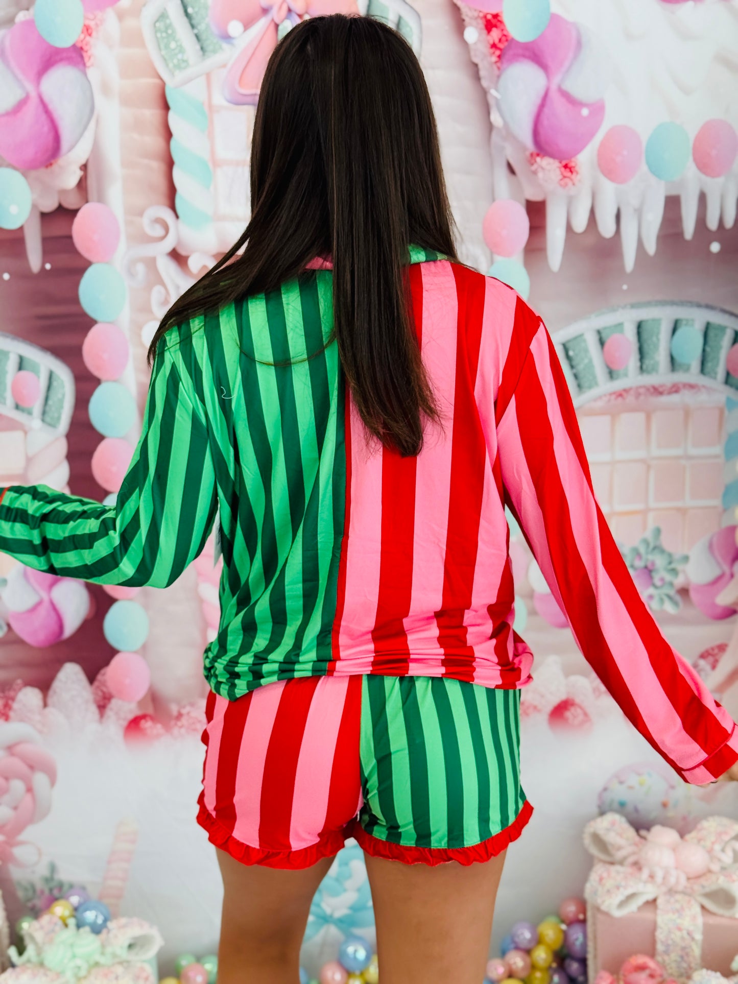 Christmas Stripes Ruffle Pajama Set (Reg. and Plus)