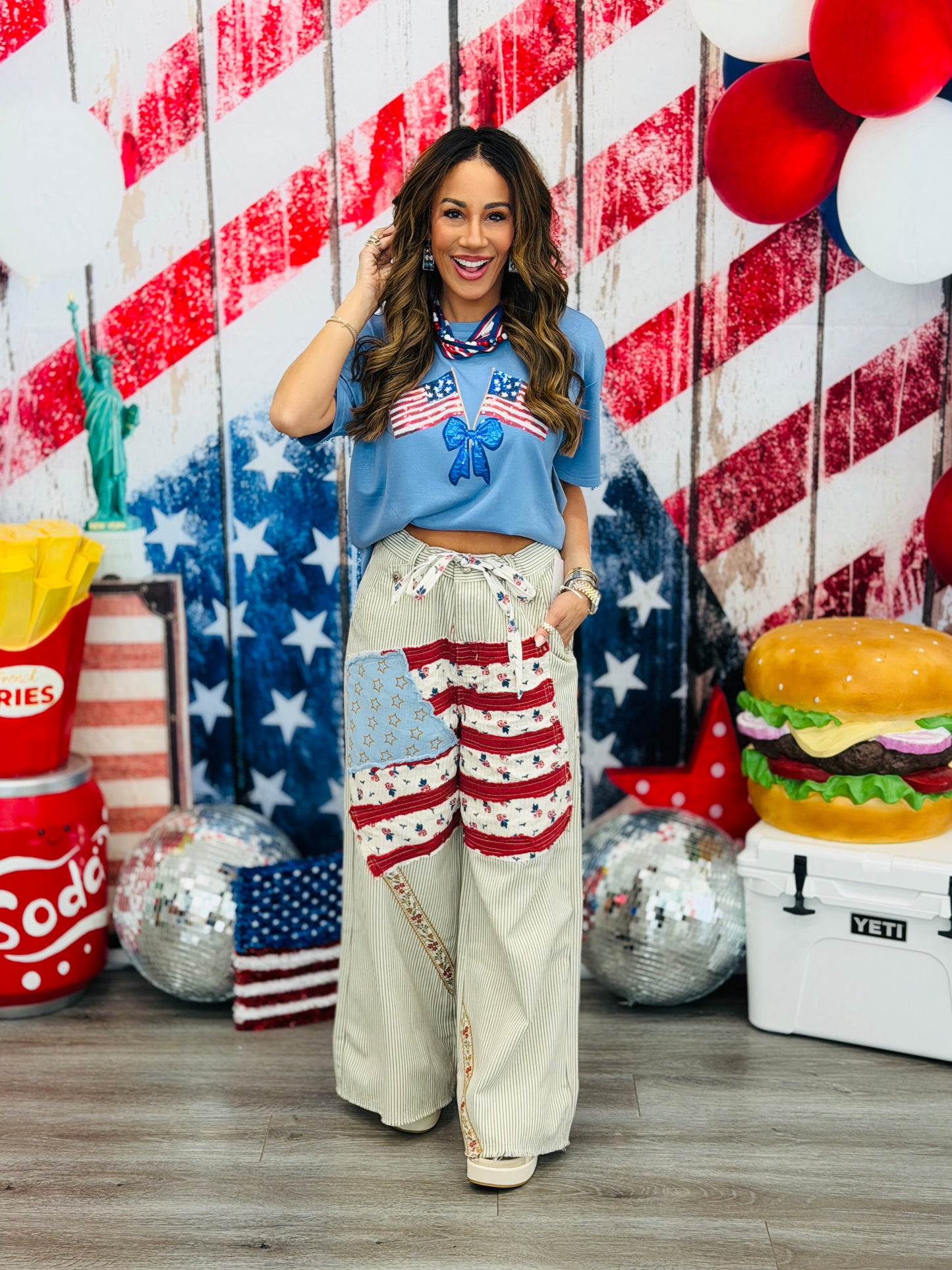 Blue Luxe Liberty Bow Flags Top (Reg & Plus)