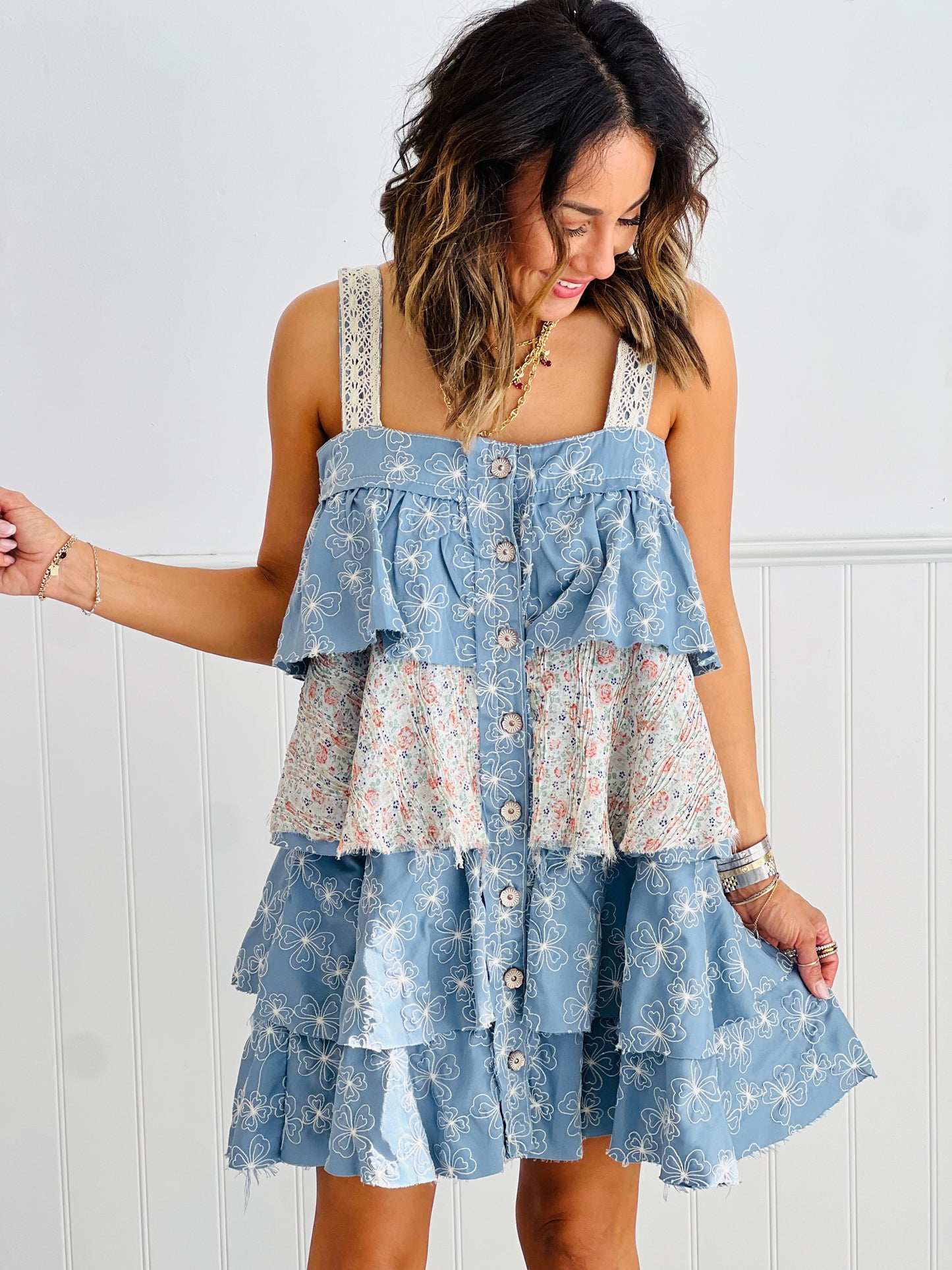 POL Blue Multi Floral Mix Tiered Mini Dress  (Reg)