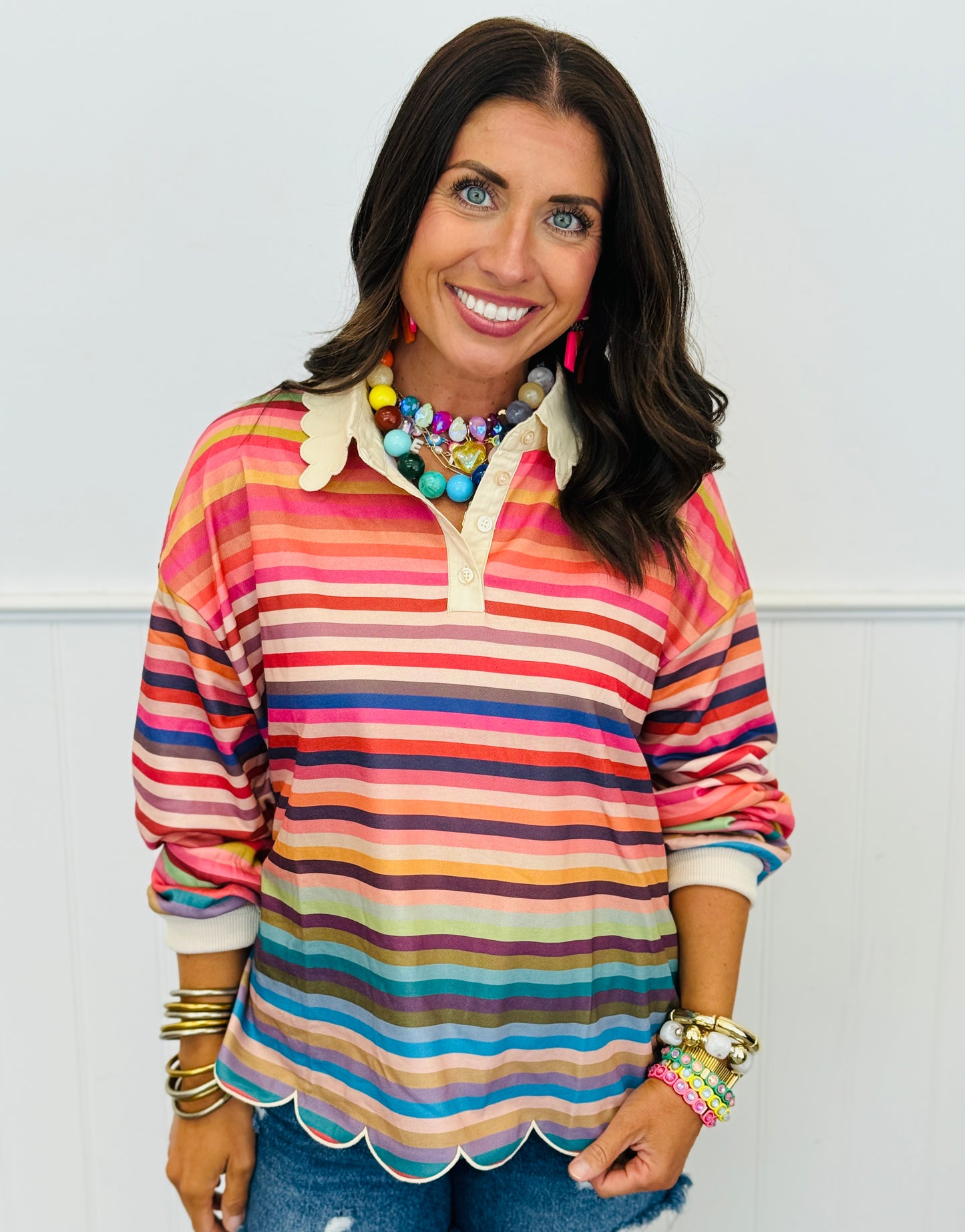 Multi Stripe Scalloped Collar Top (Reg.)