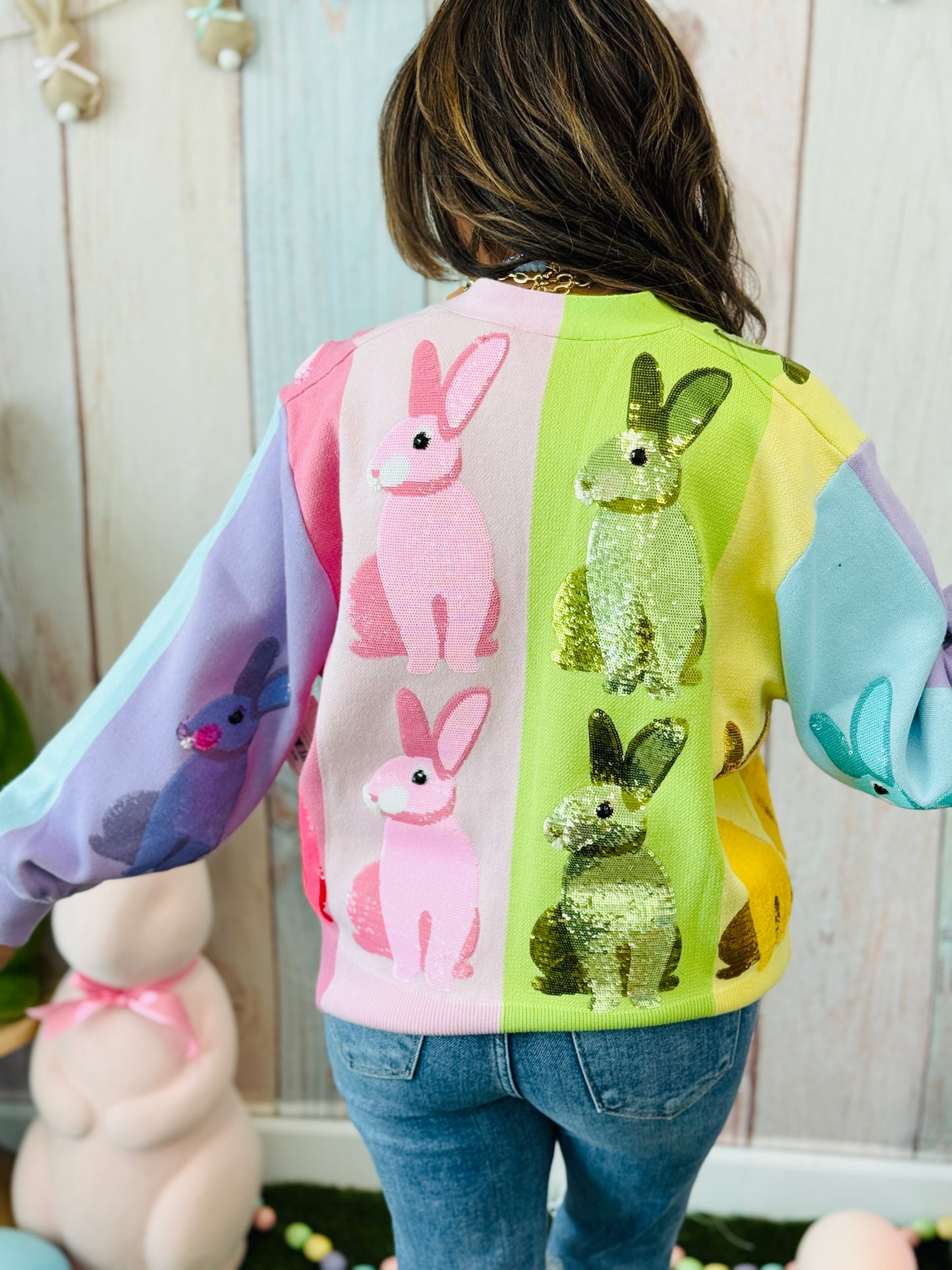 Queen Of Sparkles Rainbow Colorblock Easter Bunny Cardigan (Reg. and Plus)