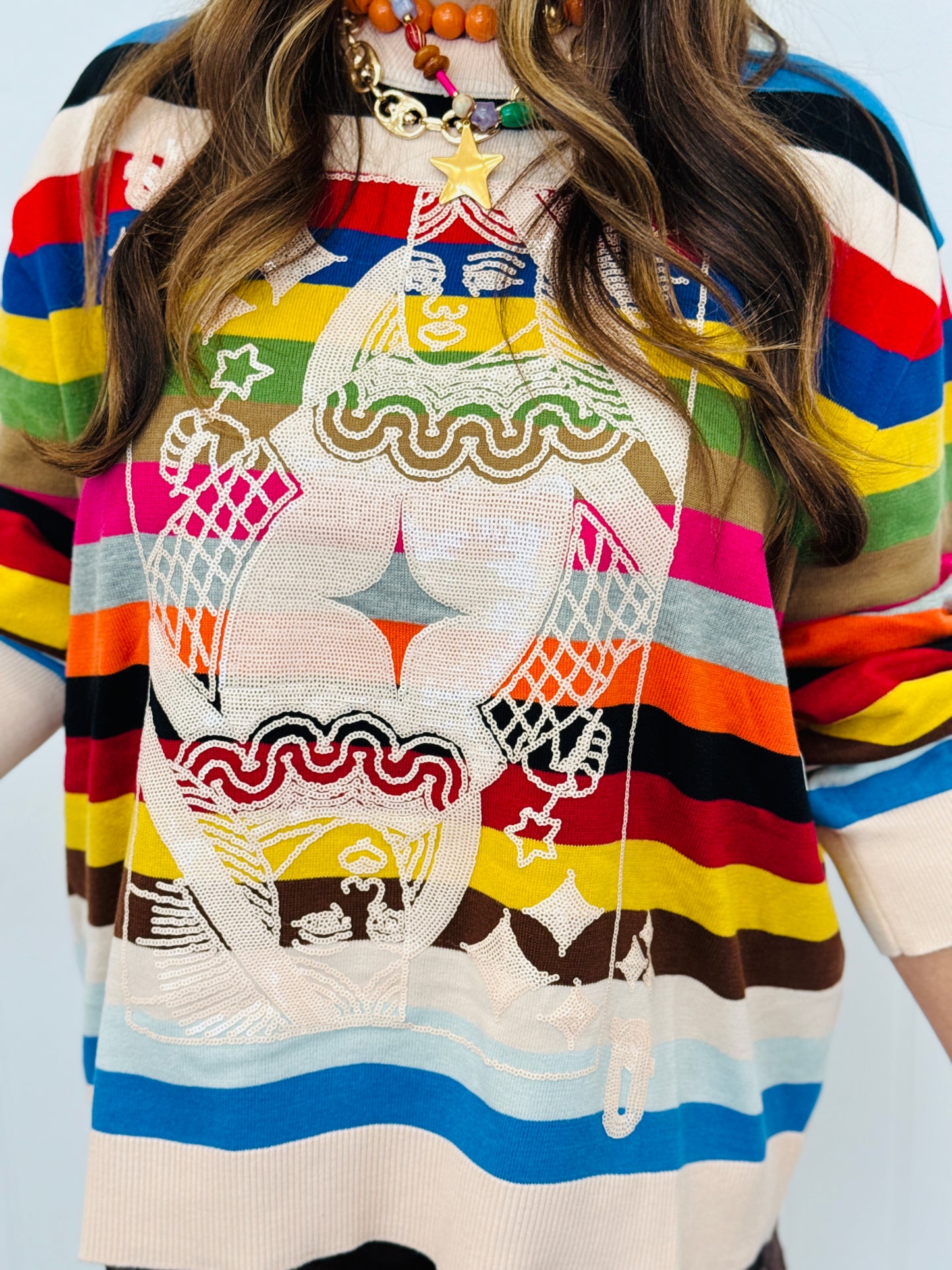 Queen Of Sparkles Multi Striped Card Logo Sweater (Reg. and Plus)