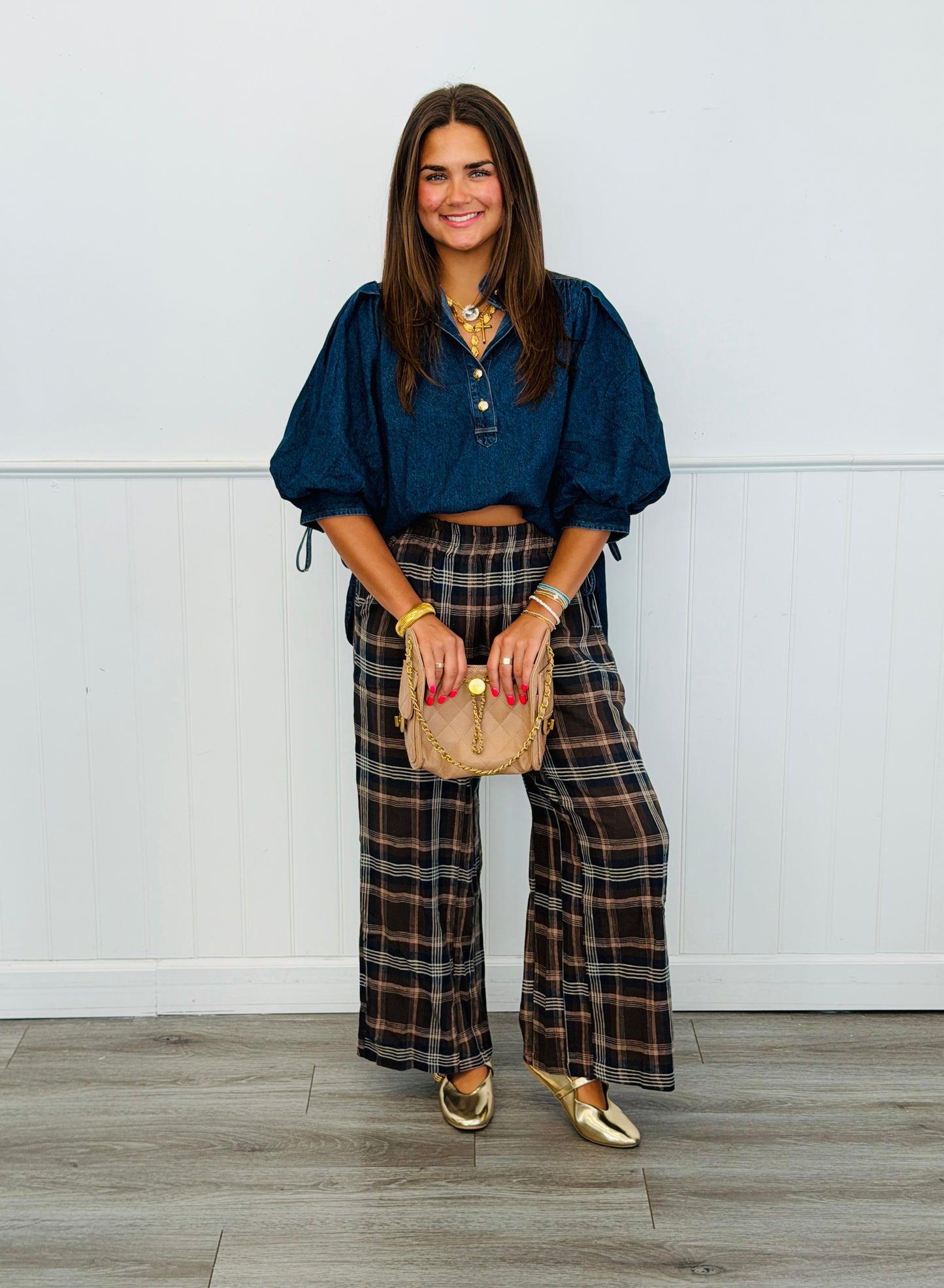 Brown Plaid Wide Leg Pants (Reg.)