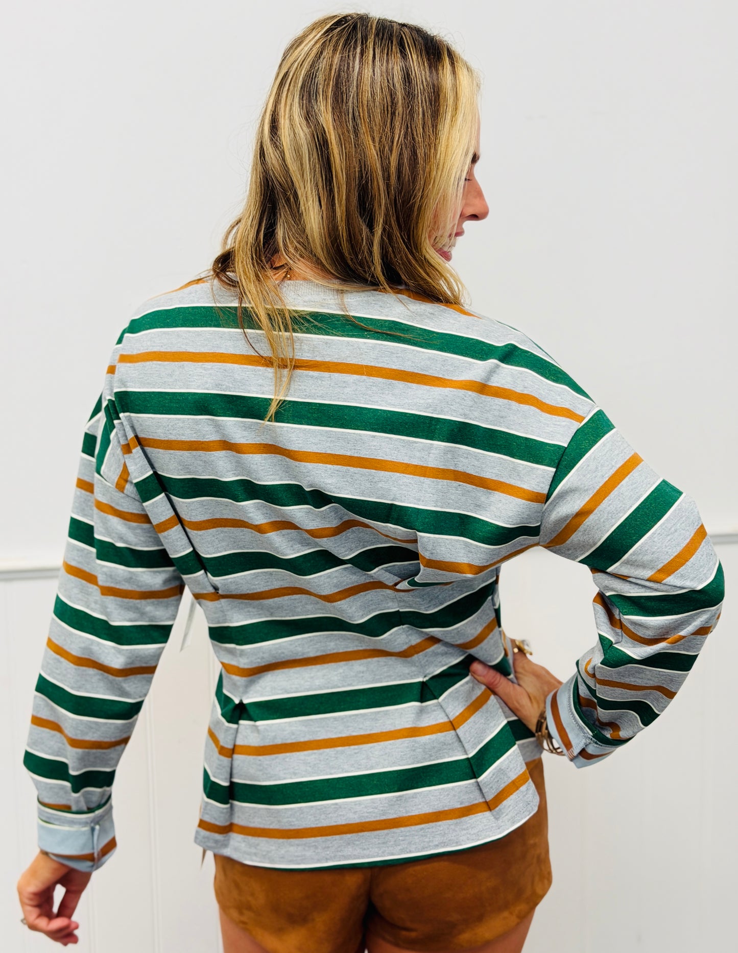 Green/Gray Pleated Waist Striped Top (Reg.)
