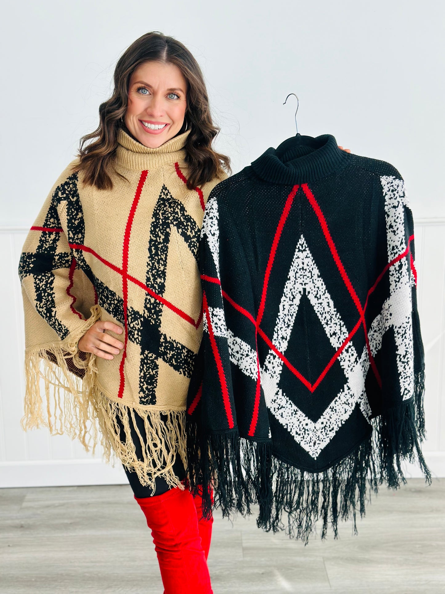 Plaid Fringe Turtleneck Poncho (Reg.)- 2 Colors