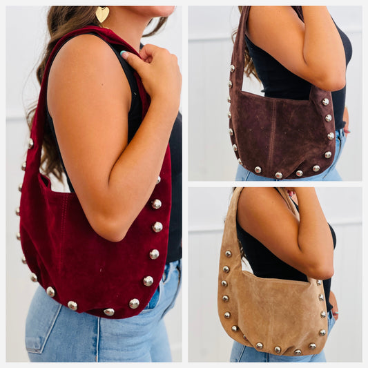 Faux Suede Silver Stud Handbag (3 colors)