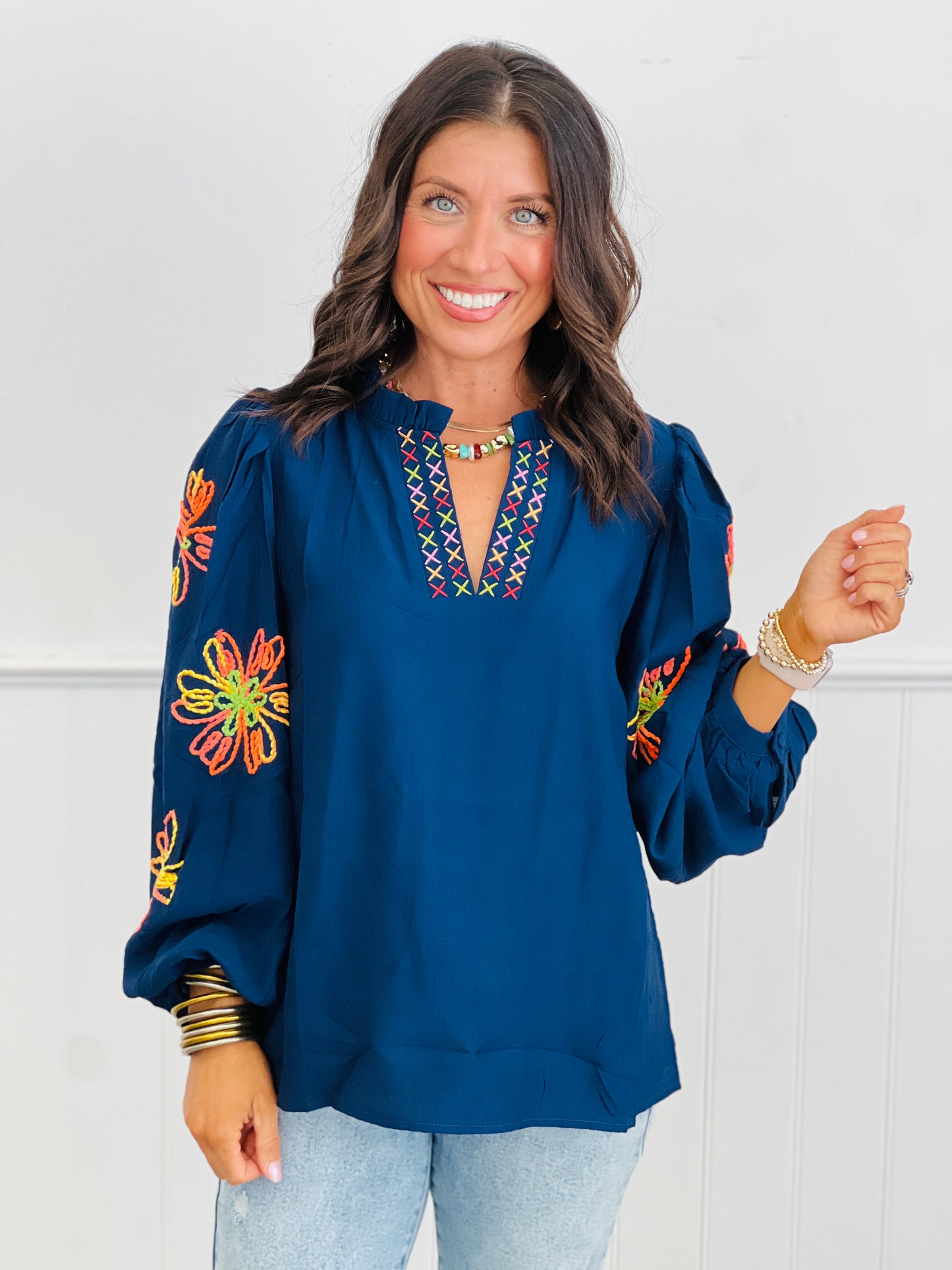 Navy Floral Embroidery Blouse (Reg. and Plus)