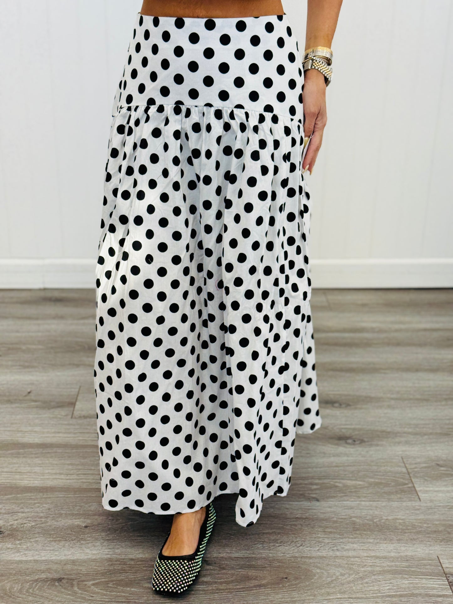 Ivory/Black Polka Dot Drop Waist Maxi Skirt (Reg.)