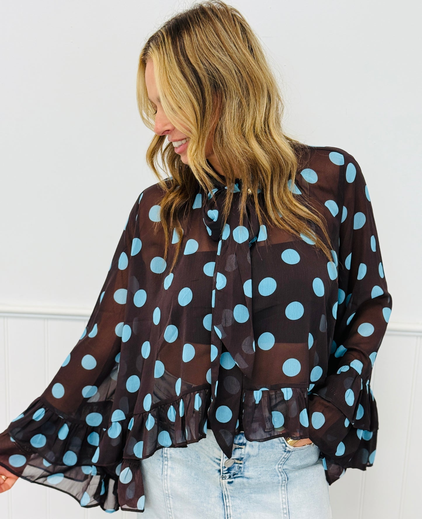 Brown/Light Blue Polka Dot Ruffled Chiffon Blouse (Reg & Plus)