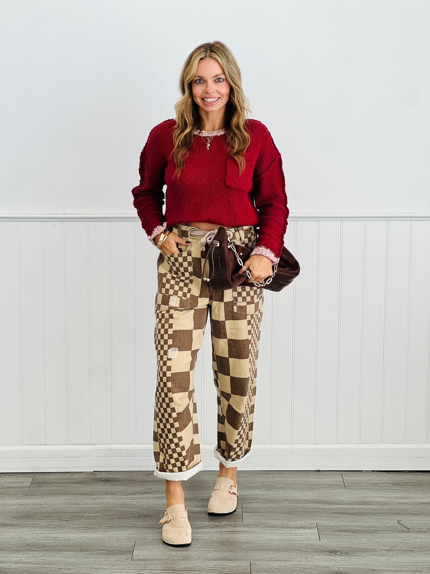 Mocha Checkered Braided Belt Pants (Reg.)