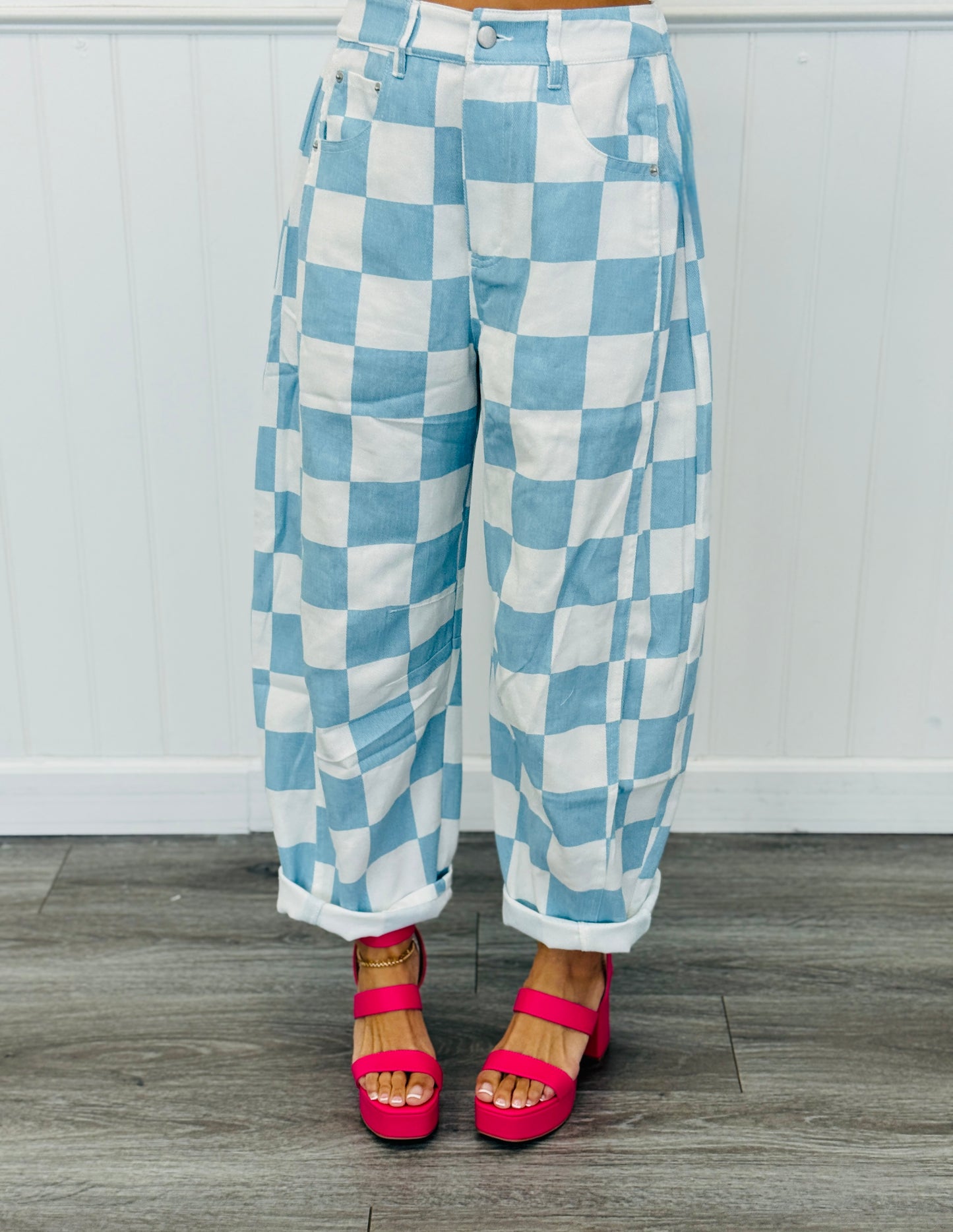 Sky Blue Checkered Print Barrel Pants (Reg & Plus)