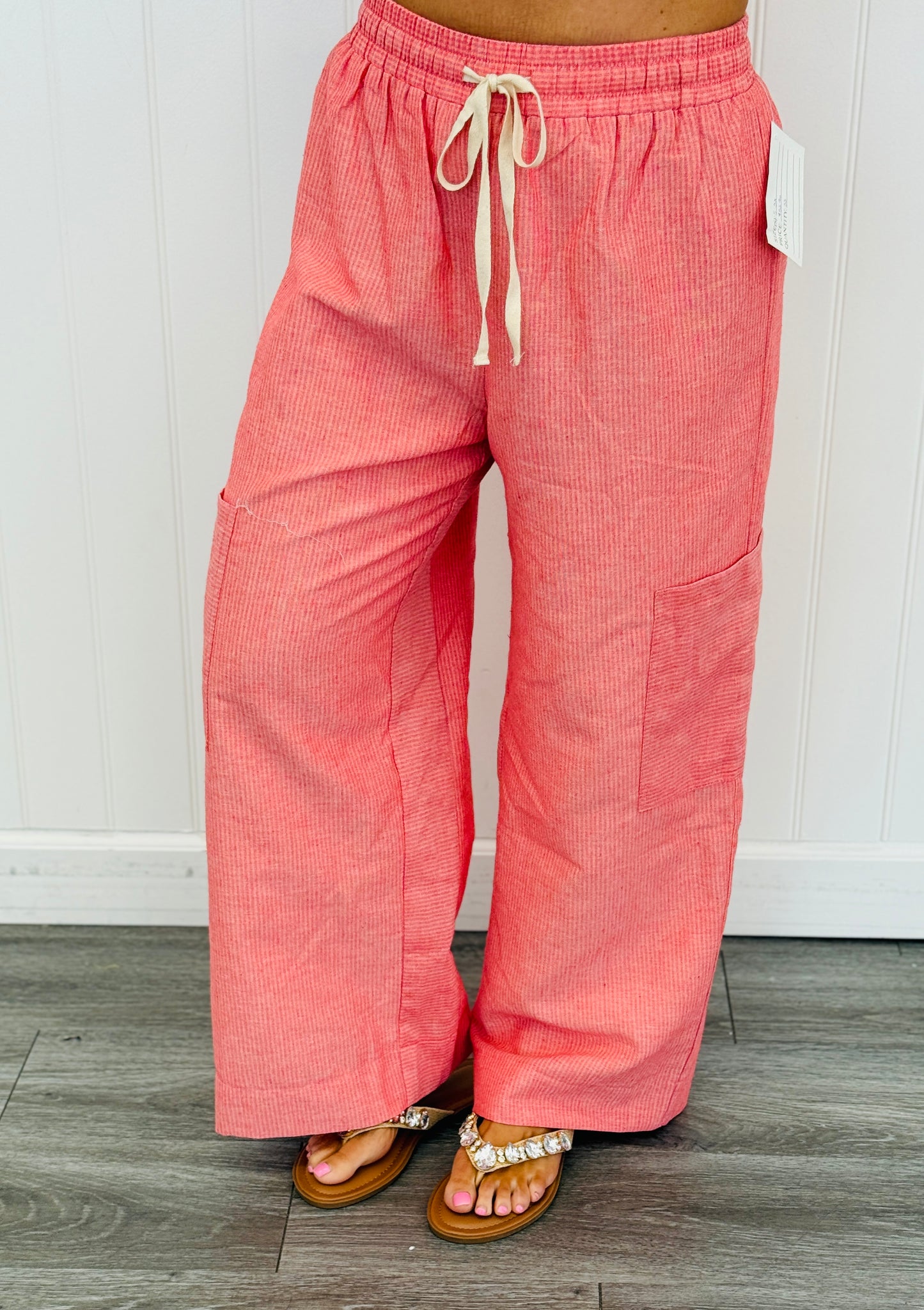 Coral Pink Pinstripe Wide Leg Crop Pants (Reg & Plus)