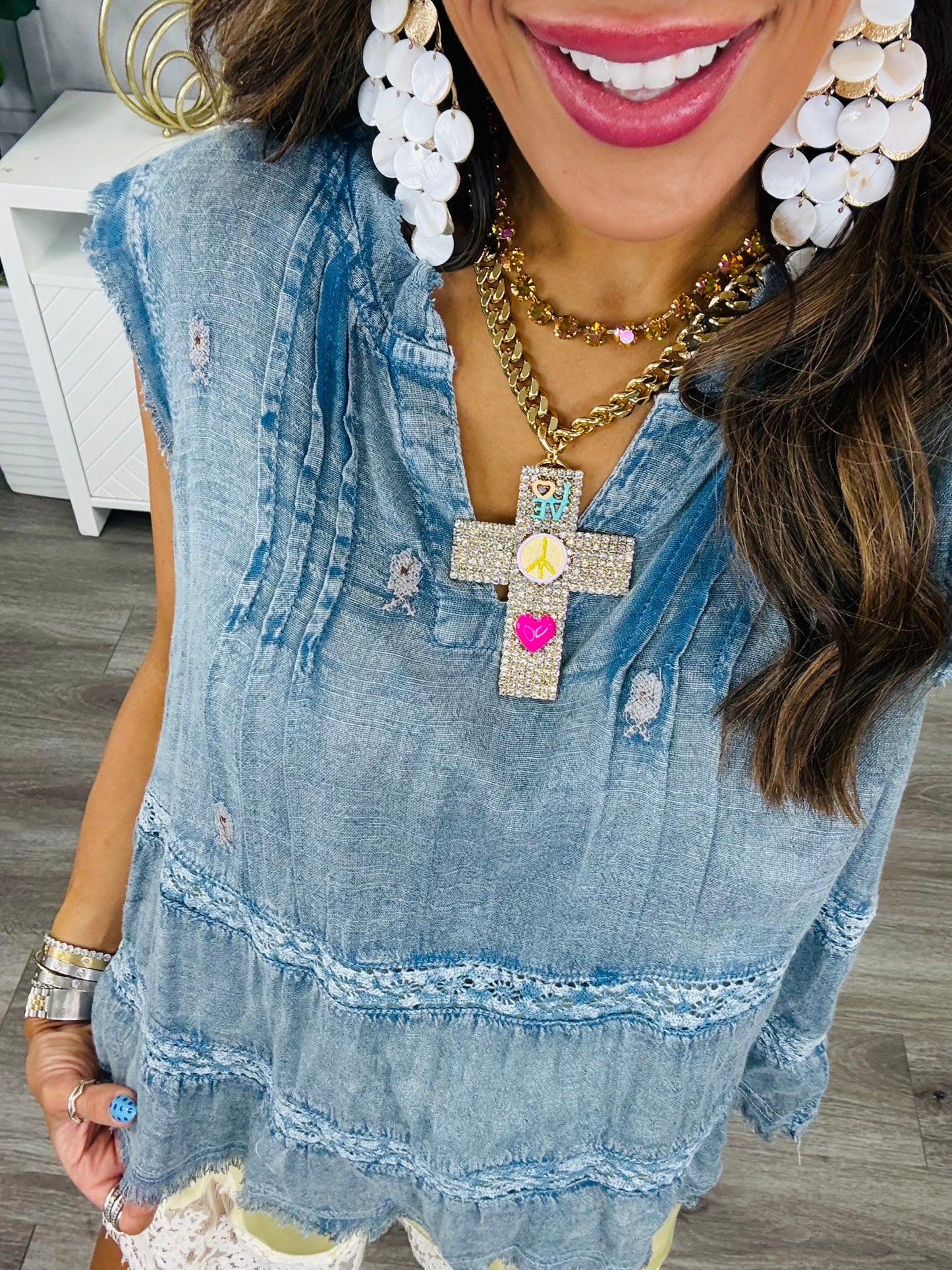 POL  Denim Blue Pintuck & Lace Top (Reg.)