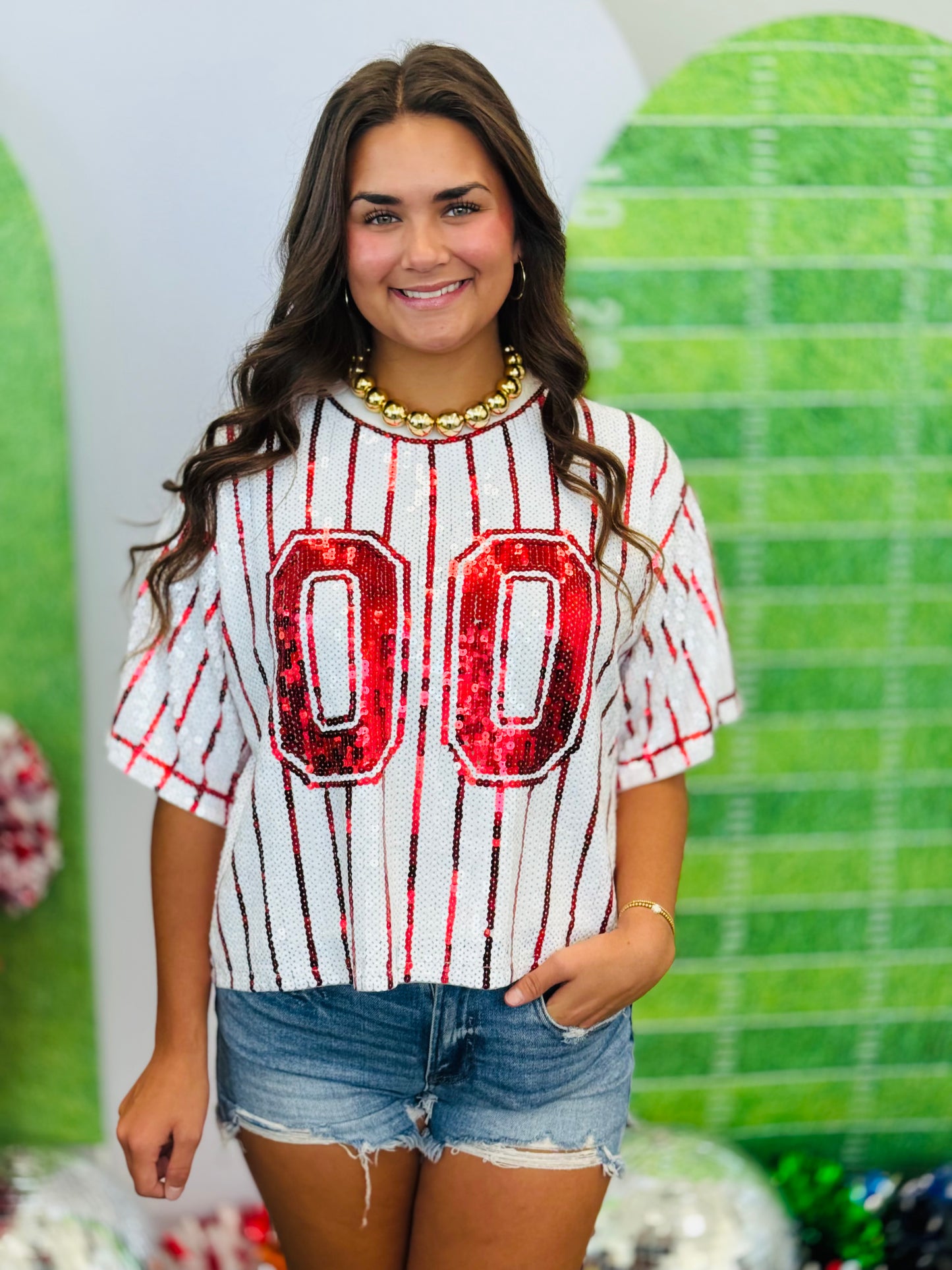 Striped Sequin Number Patch Boxy Top (Reg.)-3 Colors