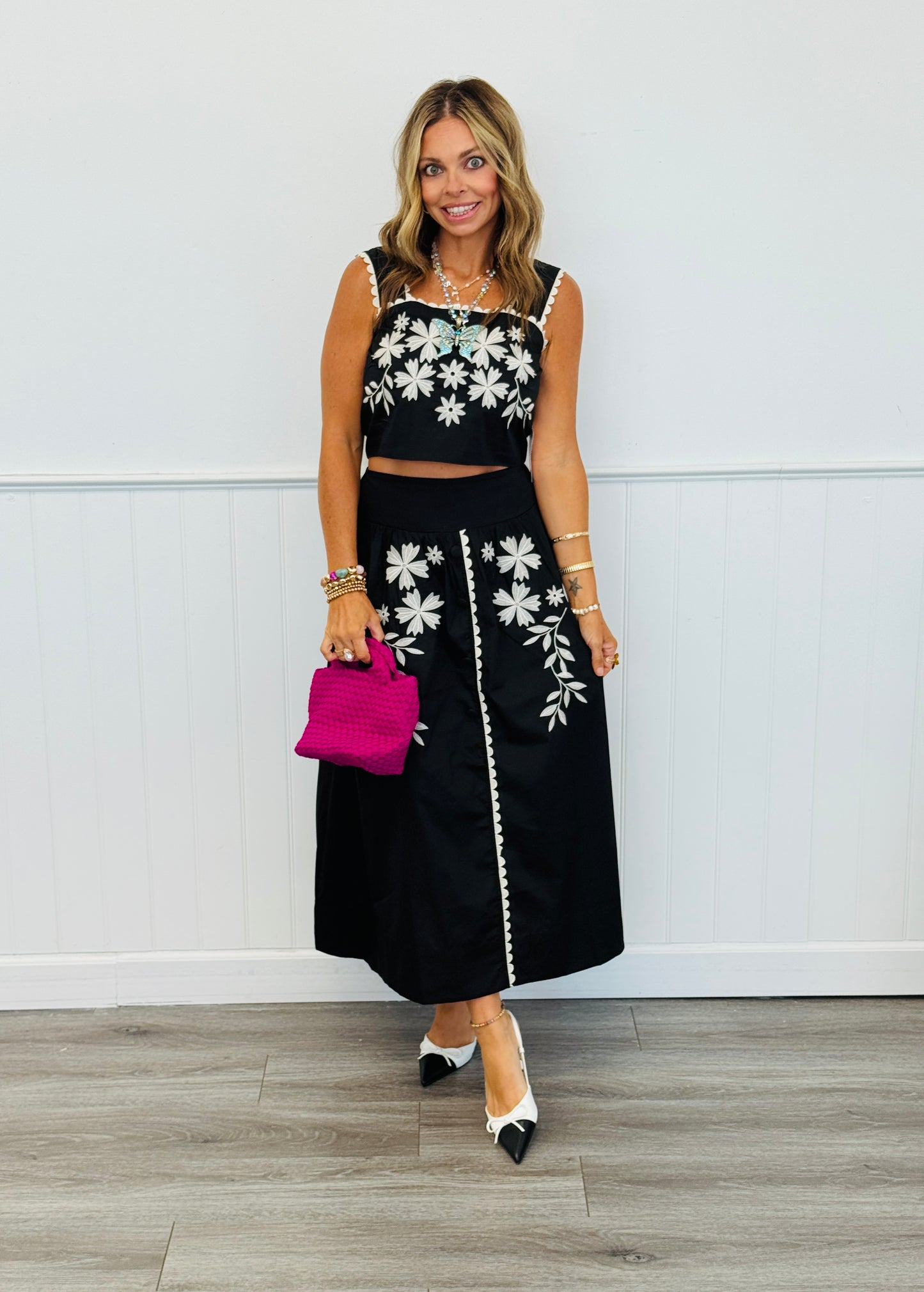 Black Embroidered Top & Midi Skirt Set (Reg & Plus)