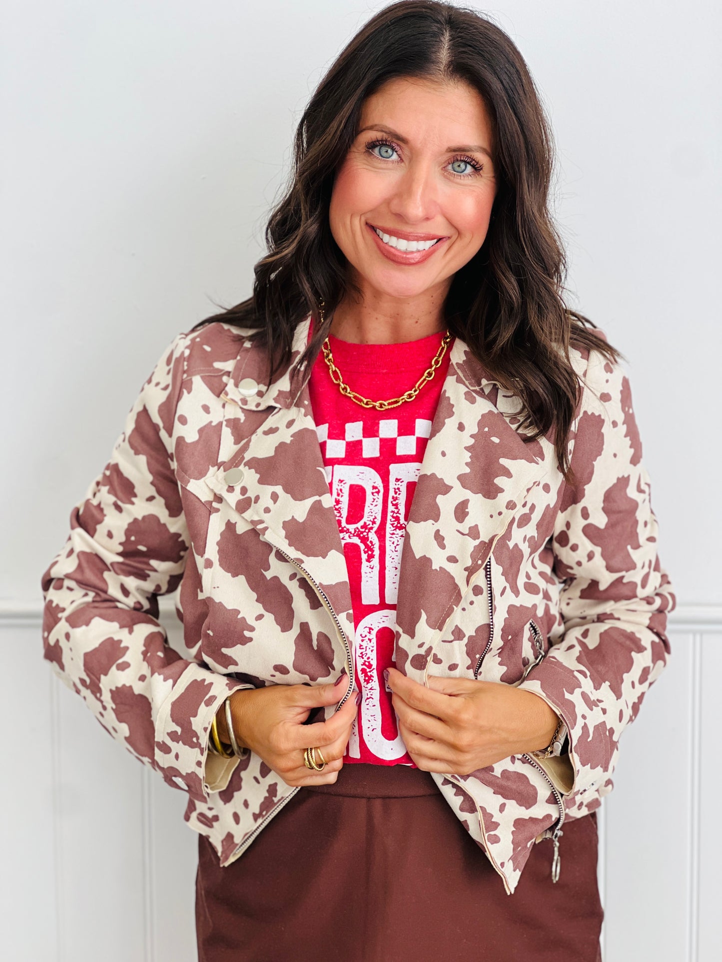 Cow Print Twill Moto Jacket (Reg & Plus)