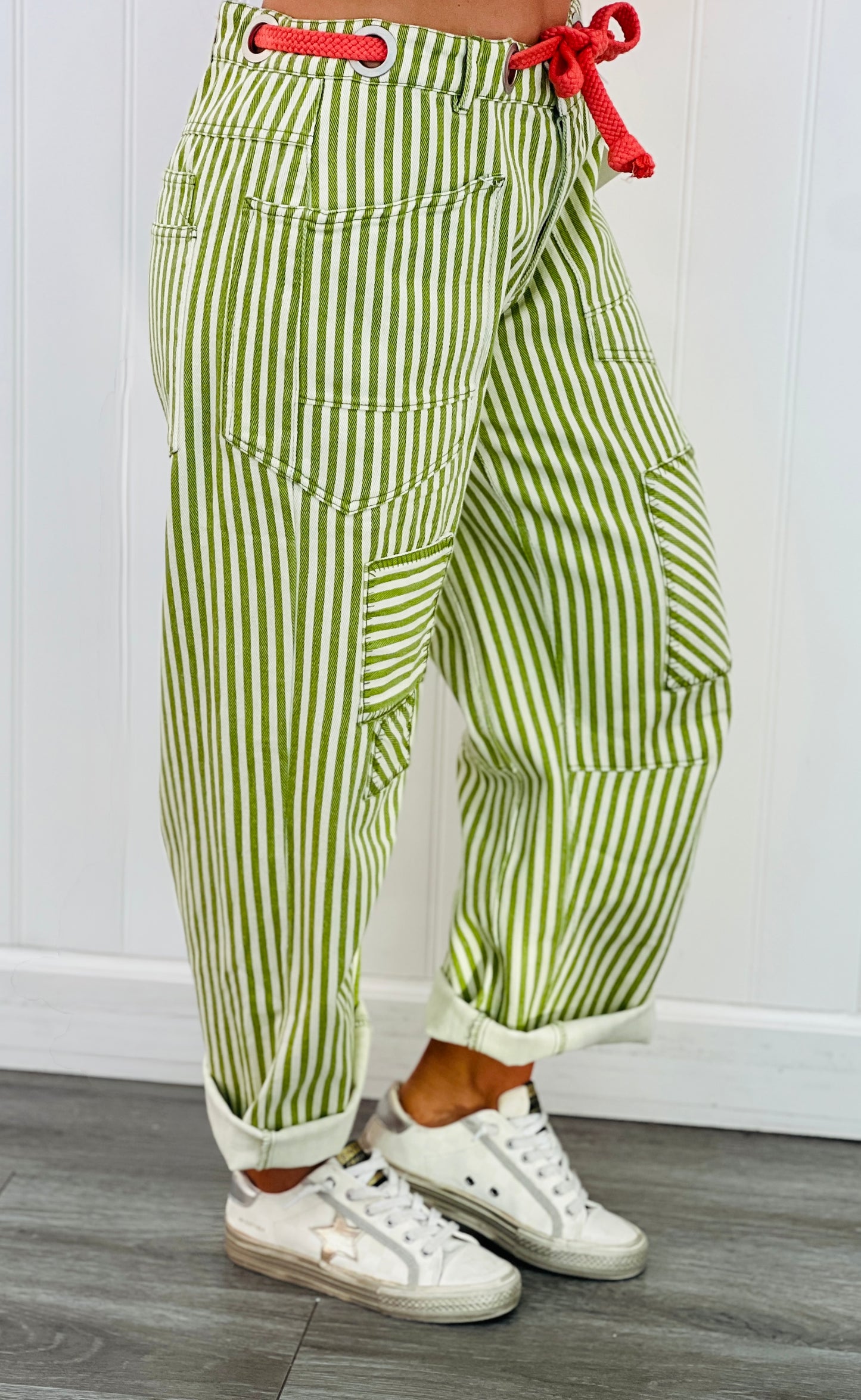 Lime Striped Twill Barrel Pants (Reg & Plus.)
