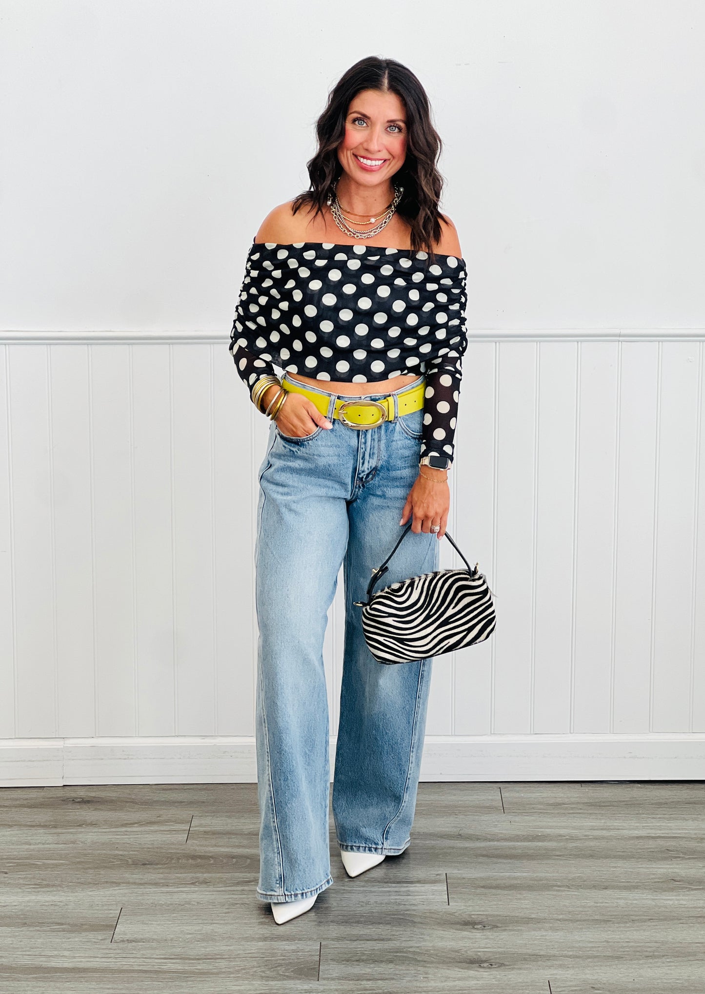 Black/Cream Dot Off Shoulder Mesh Top (Reg.)