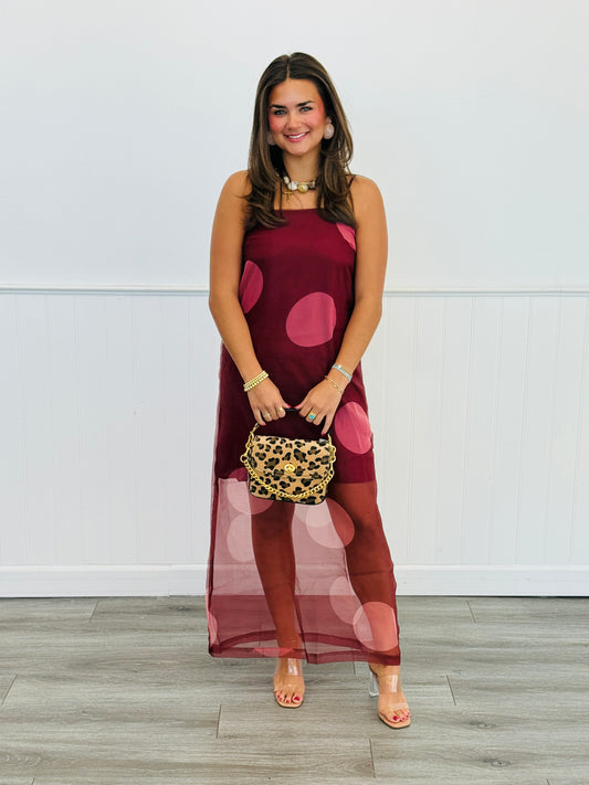 Burgundy Polka Dot Sheer Overlay Midi Dress (Reg.)