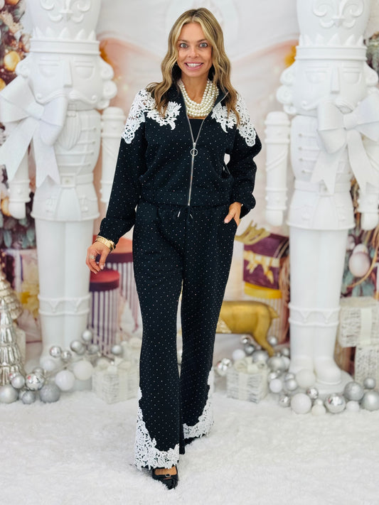 Rhinestone Floral Eyelet Detail Zip Up Jacket & Pants Set (Reg.)