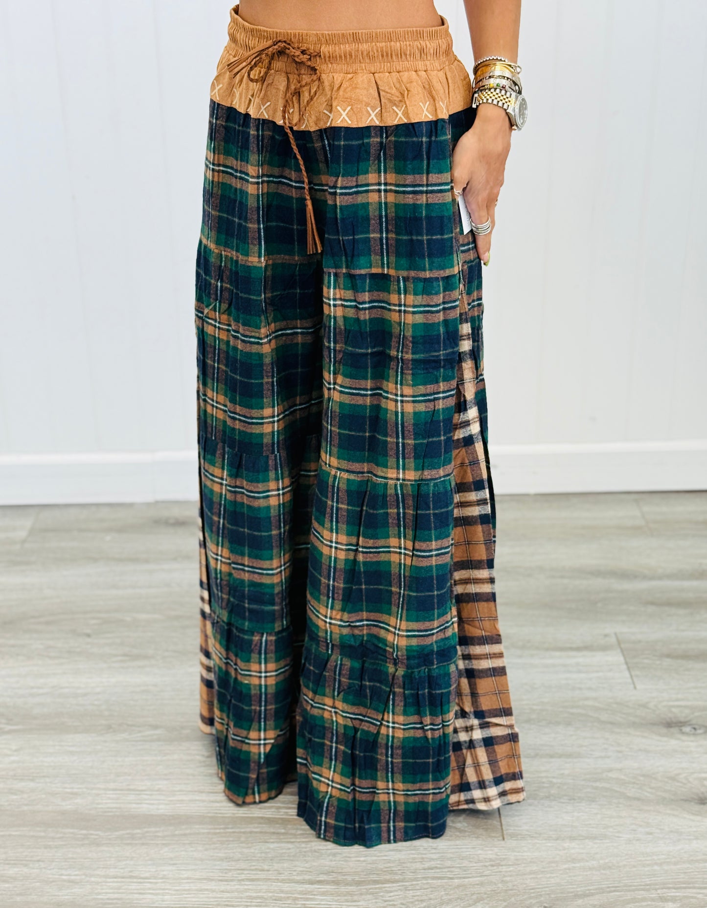 Green Multi Plaid Contrast Suede Pants (Reg & Plus)