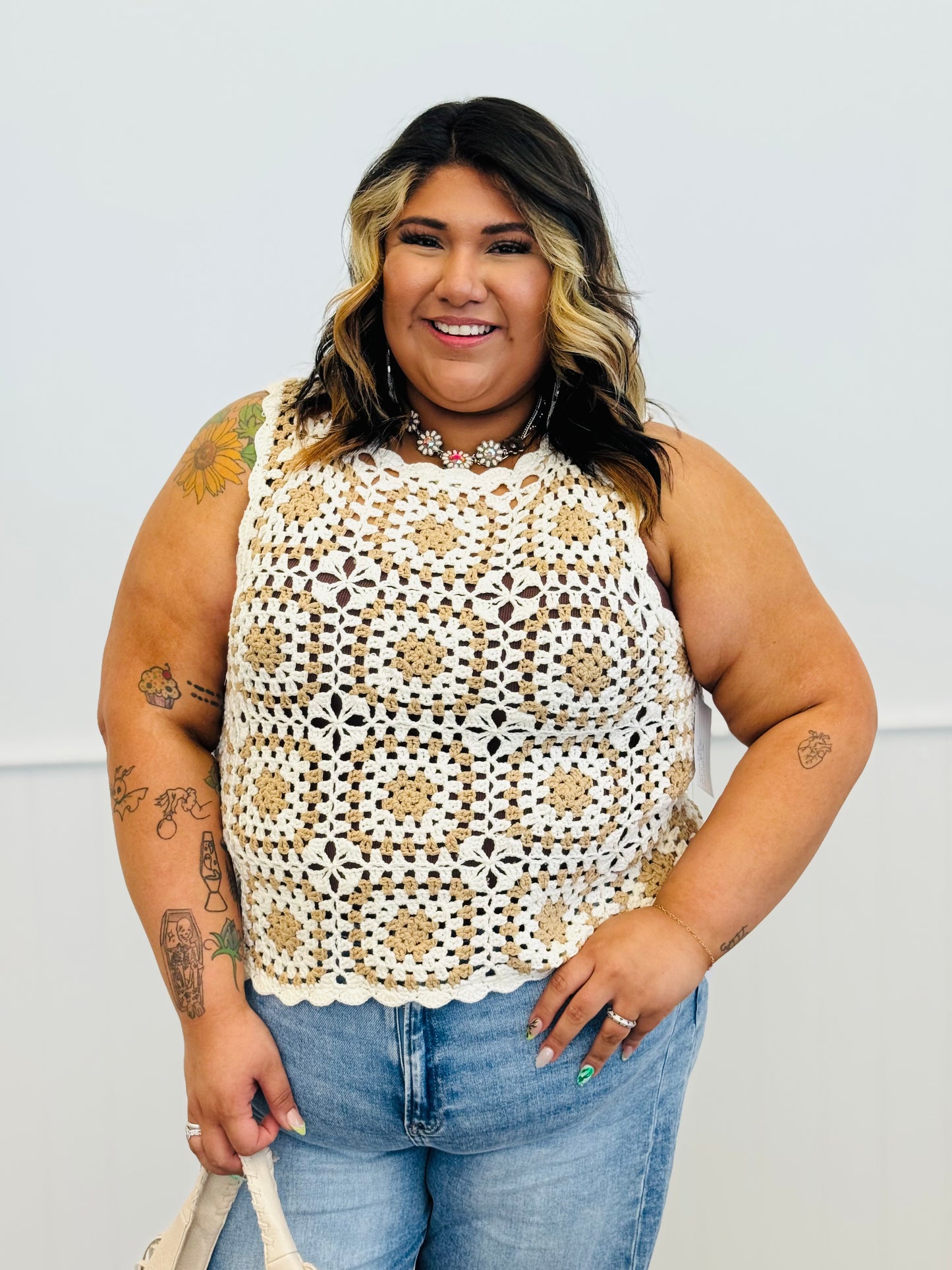 White/Taupe Square Crochet Tank Top (Reg & Plus)