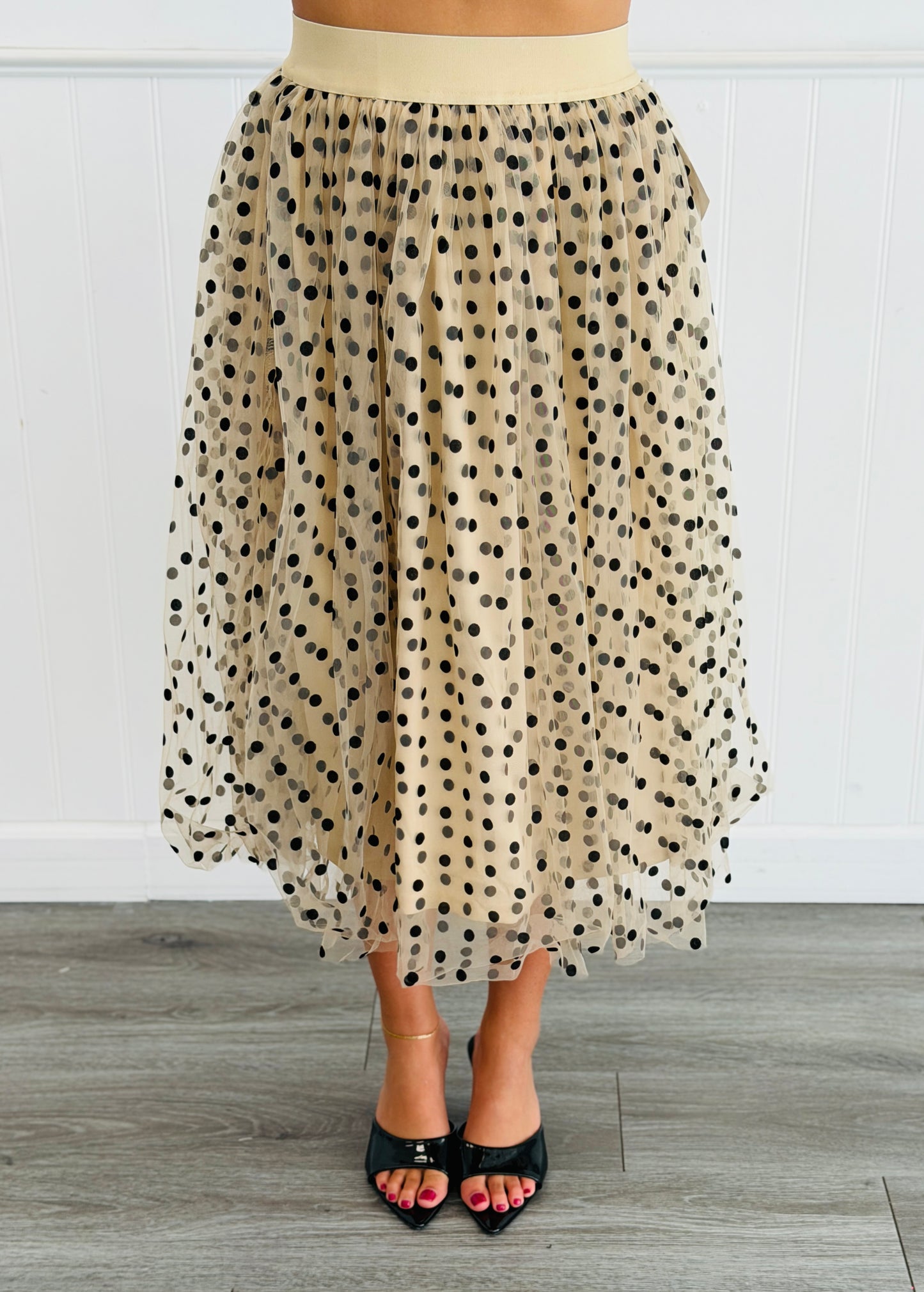 Apricot Polka Dot Print Tulle Midi Skirt (Reg & Plus)