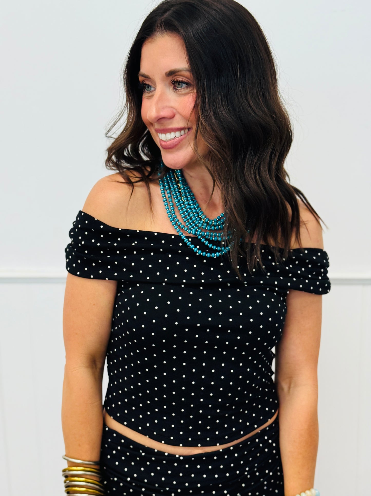 Black/Cream Polka Dot Shirred Off Shoulder Blouse (Reg.)