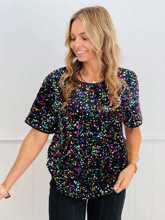 Black Multi Sequin Short Sleeve Top (Reg. and Plus)