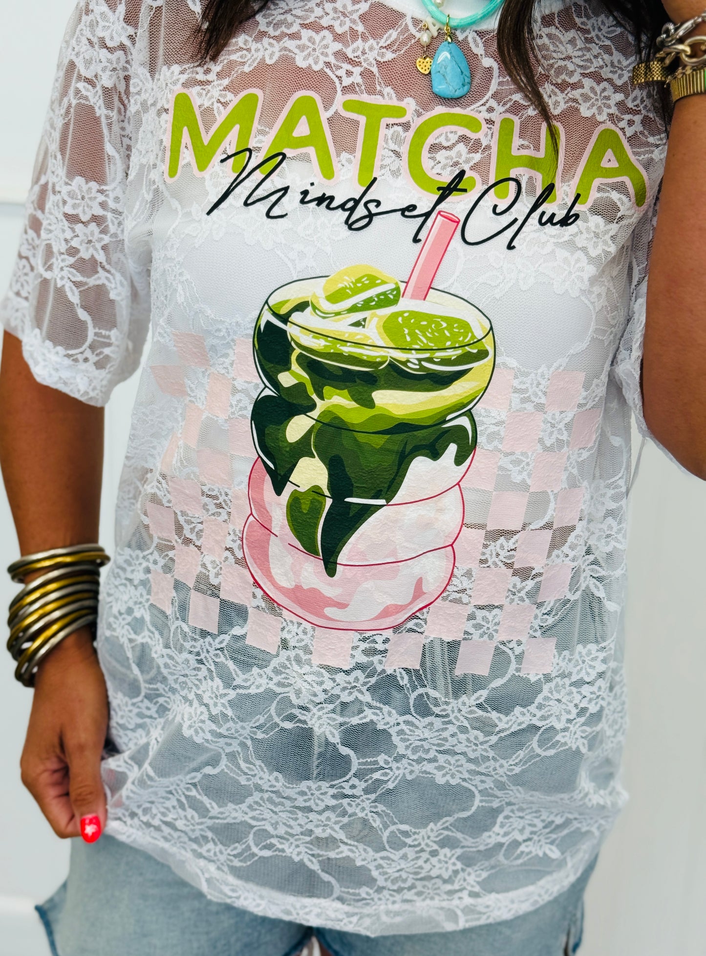 White Lace Matcha Short Sleeve Top (Reg.)