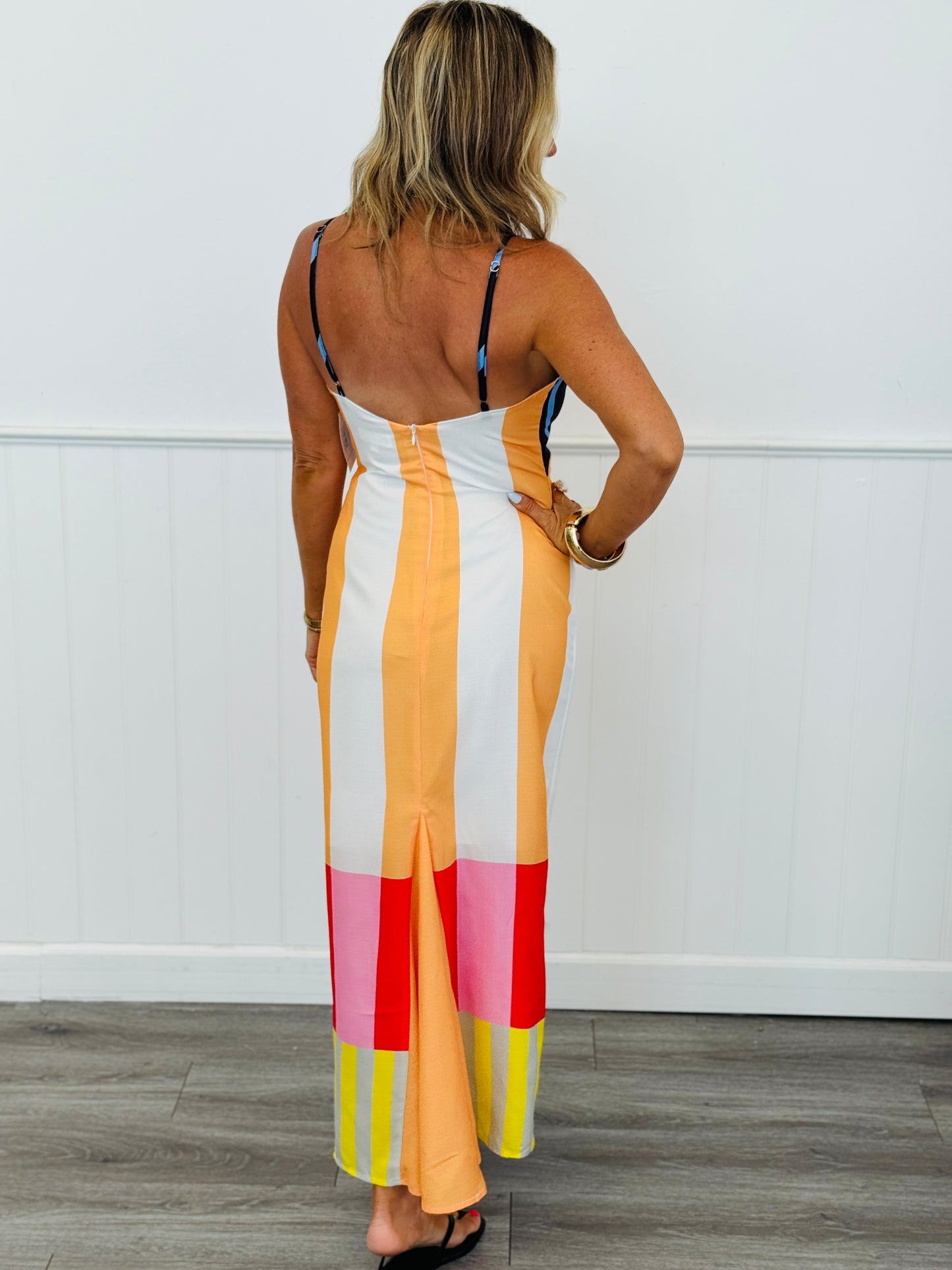 White Color Block Stripes V-Neck Maxi Dress (Reg.)