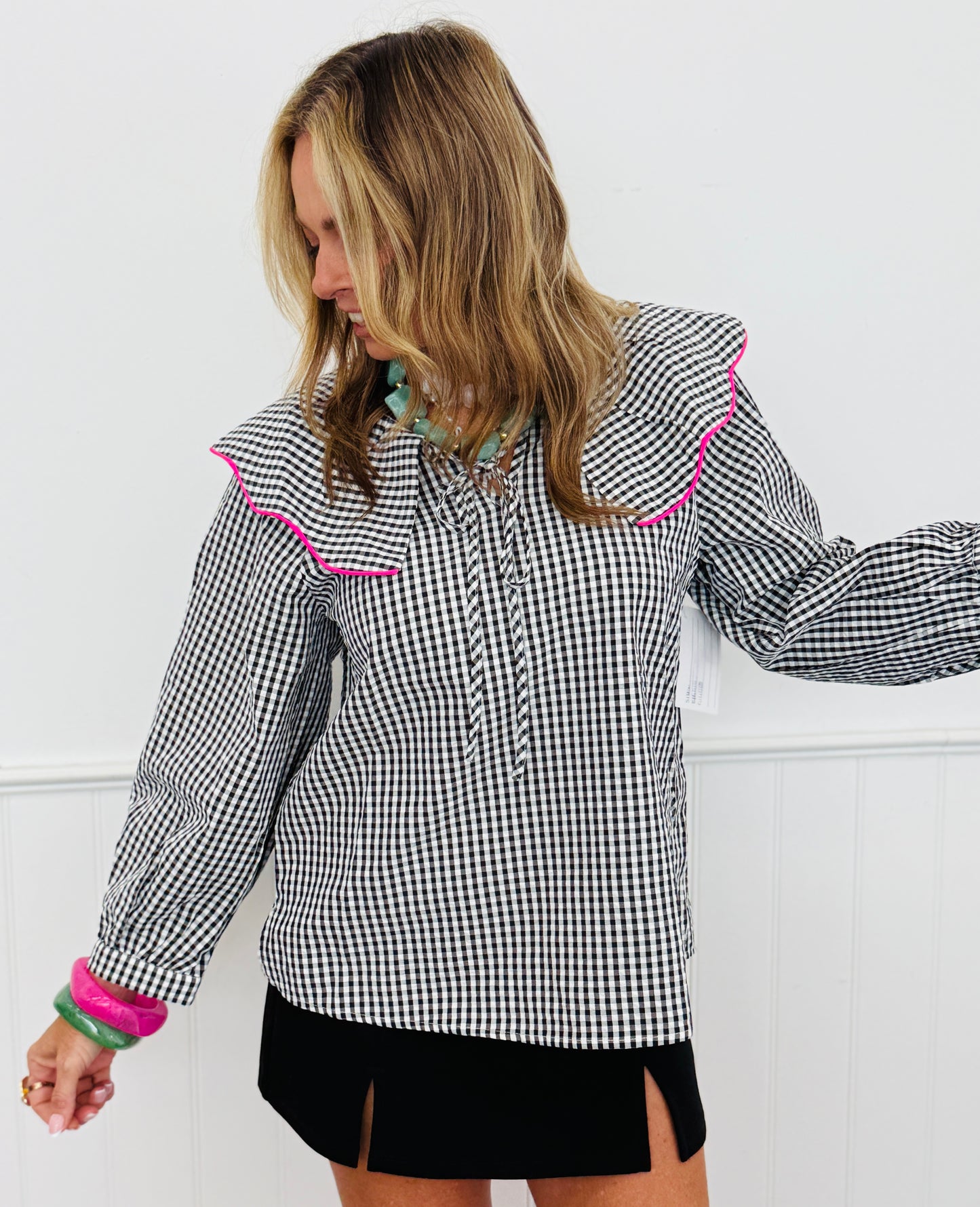 Black Gingham Pullover Peasant Blouse (Reg.)