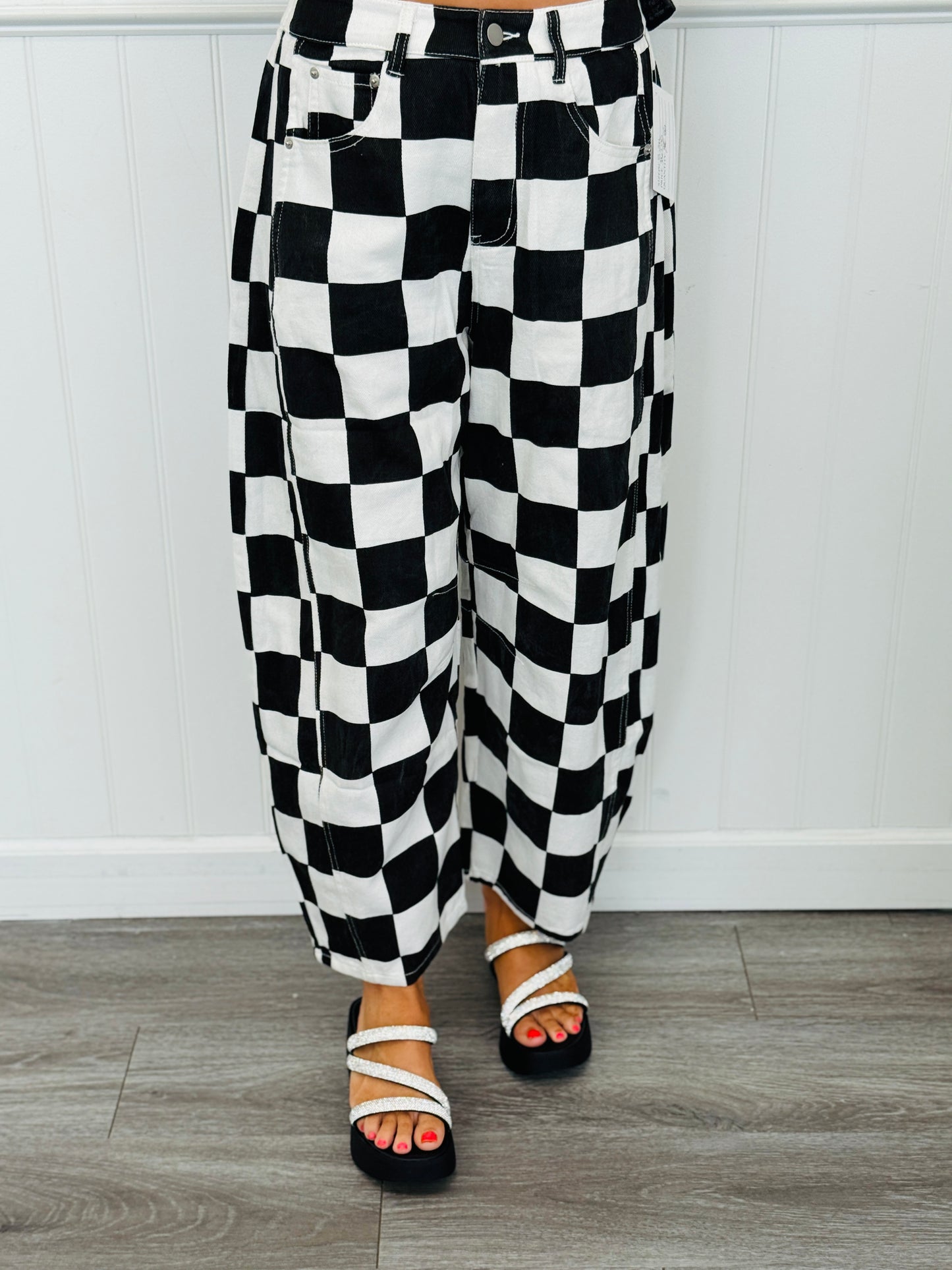Black Checkered Print Barrel Pants (Reg. and Plus)
