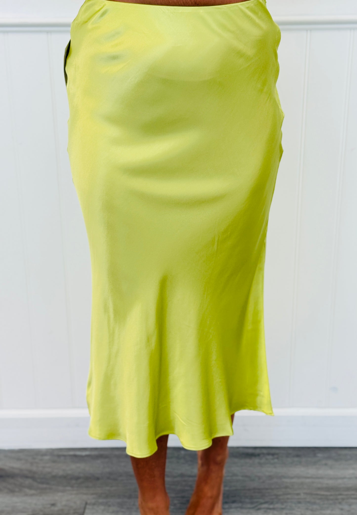 Lime Green Satin Side Slit Midi Skirt (Reg.)