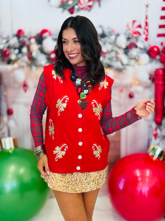 Red Shimmer Candy Cane Patch Sweater Vest (Reg. and Plus)