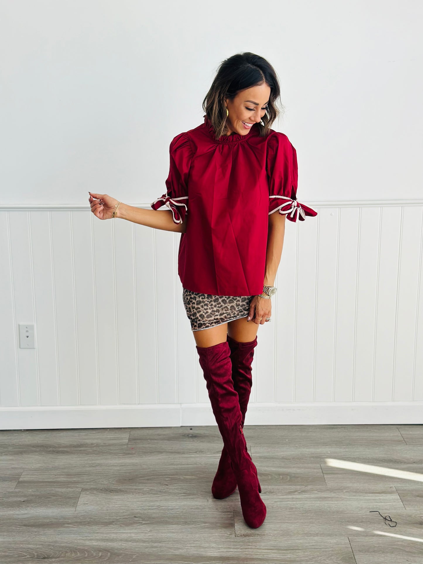 Crimson Bow Tie Sleeve Mock Neck Top (Reg)