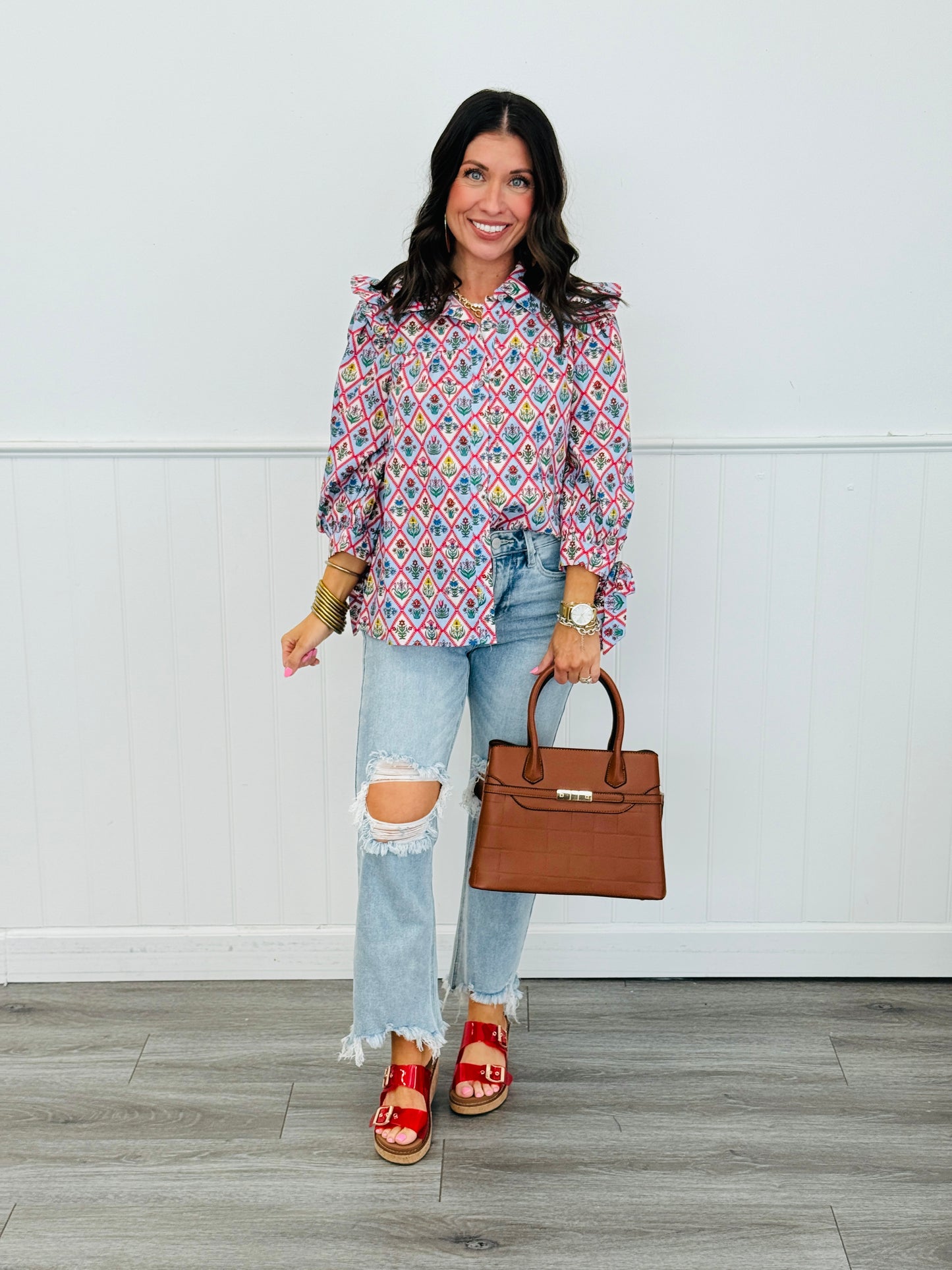 Blue Floral Diamond Print Blouse (Reg.)