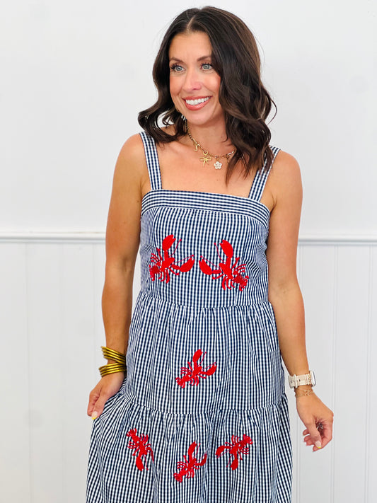 Blue Gingham Embroidered Lobster Midi Dress-(Reg & Plus)