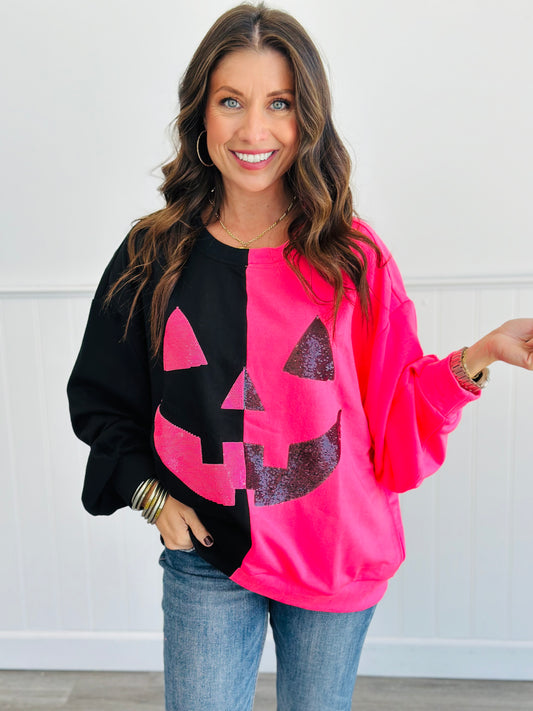 Queen Of Sparkles Black & Neon Pink Pumpkin Sweatshirt (Reg. and Plus)