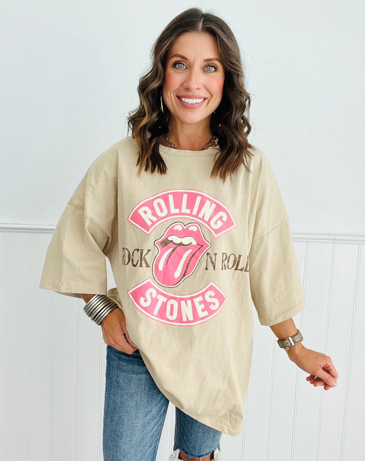 Tan Oversized Rolling Stones Tee (Reg.) Walker Rose Boutique