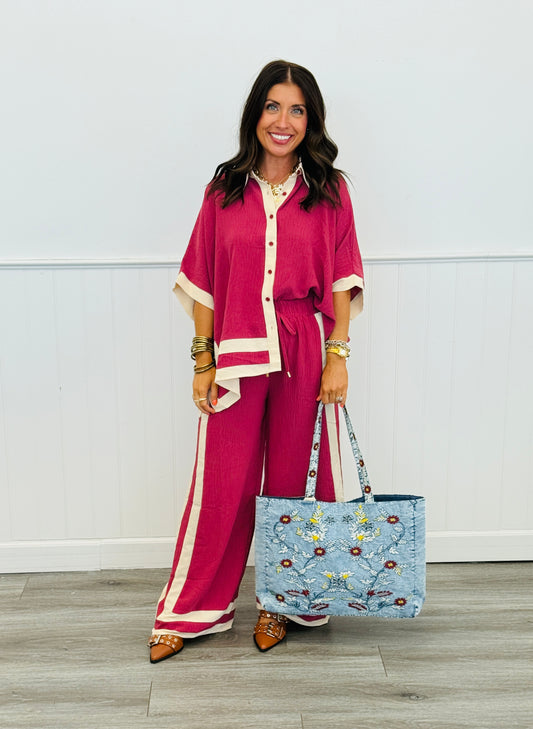 Cranberry Contrast Stripe Shirt & Pants Set (Reg & Plus)