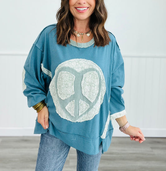 POL Ocean Blue Long Sleeve Thermal Peace Patch Top (Reg.)