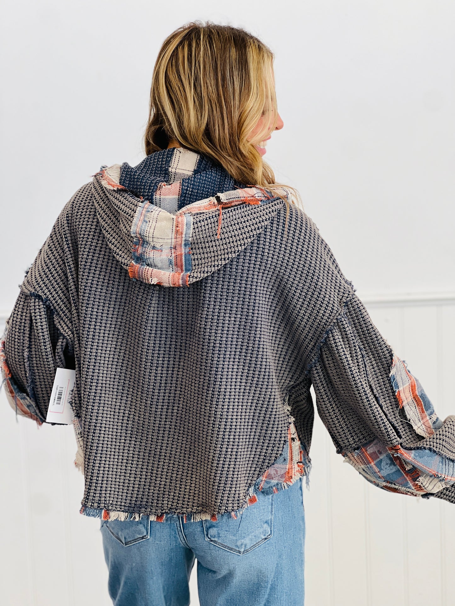 POL Navy Thermal Plaid Contrast Sweater Cardigan (Reg.)