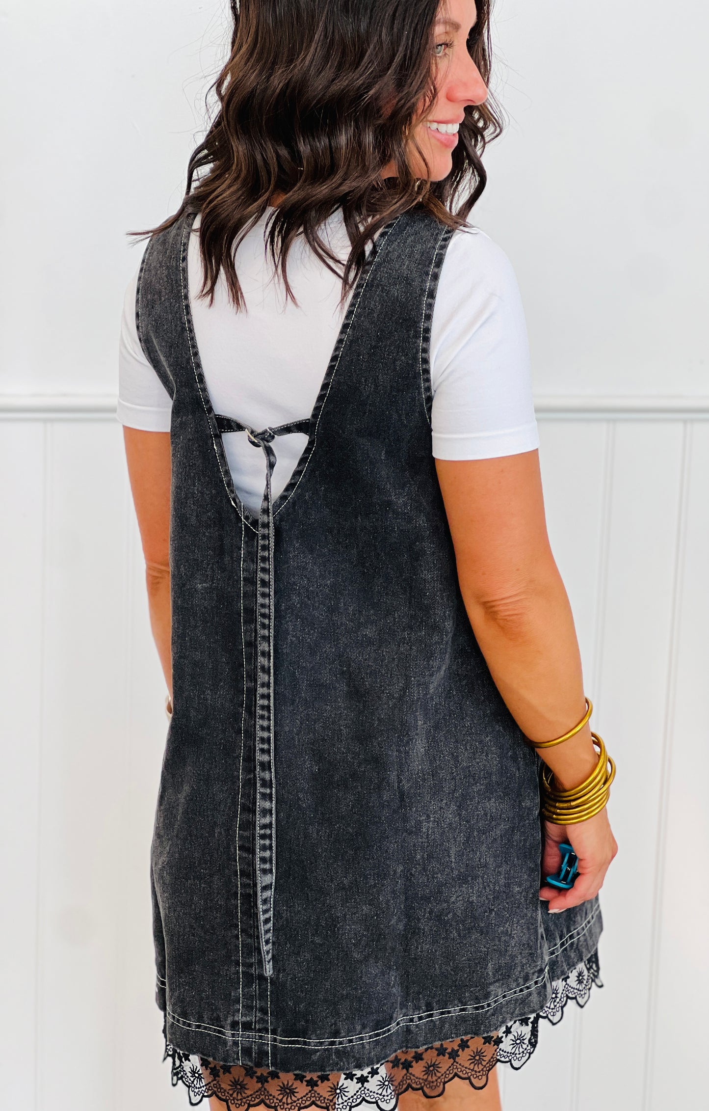 Black Washed Denim Lace Trim Mini Dress  (Reg.)