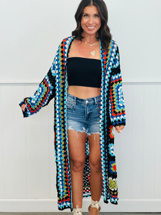 POL Black Crochet Square Maxi Cardigan (OS)