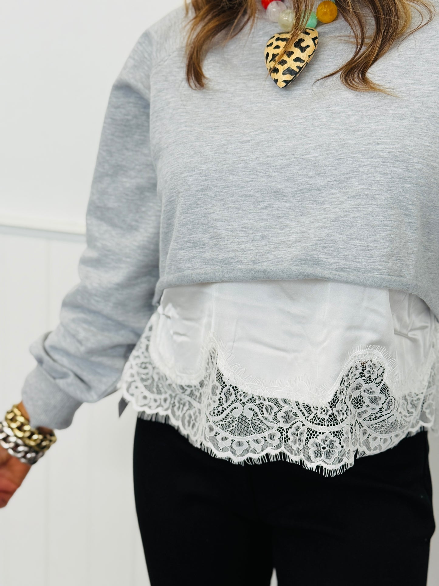 H Grey Twofer Satin & Lace Sweatshirt (Reg.)